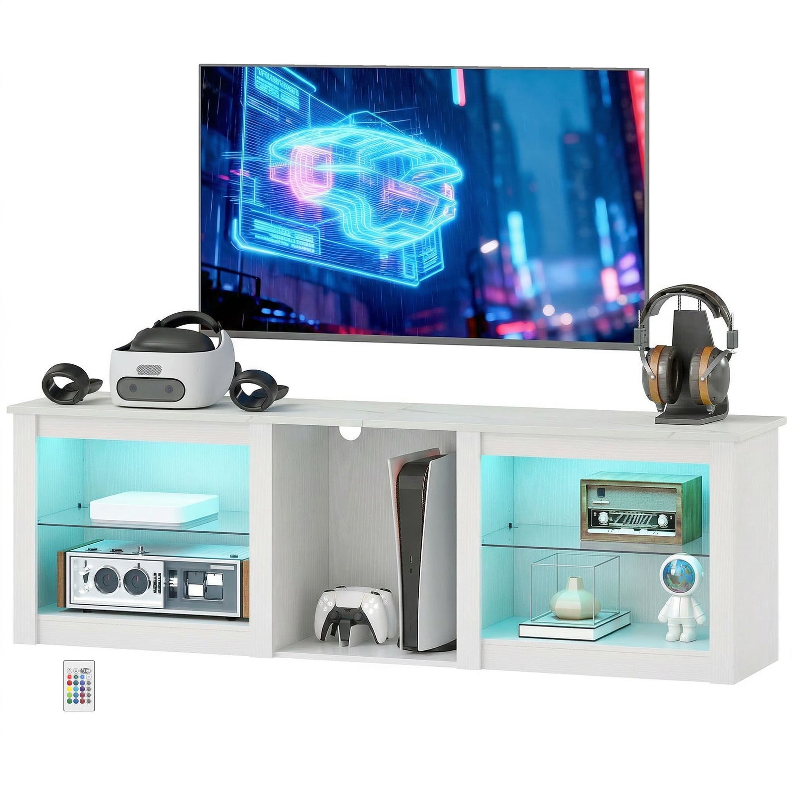HOMCOM 160cm Tv Unit W/ Led Lights For 70" Tv Modern Tv Stand Cabinet Marble White