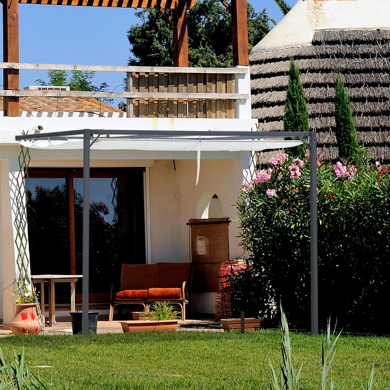 Outdoor Pergola Retractable Canopy Wall Mounted Gazebo | Cream