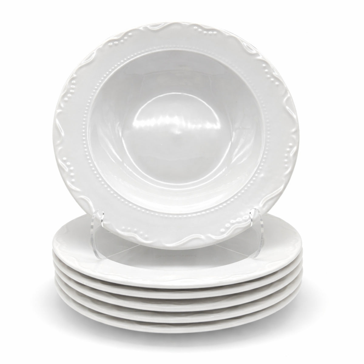Soup Bowl Pasta Plate Porcelain White Embossed Floral Rim | Set of 4 | White