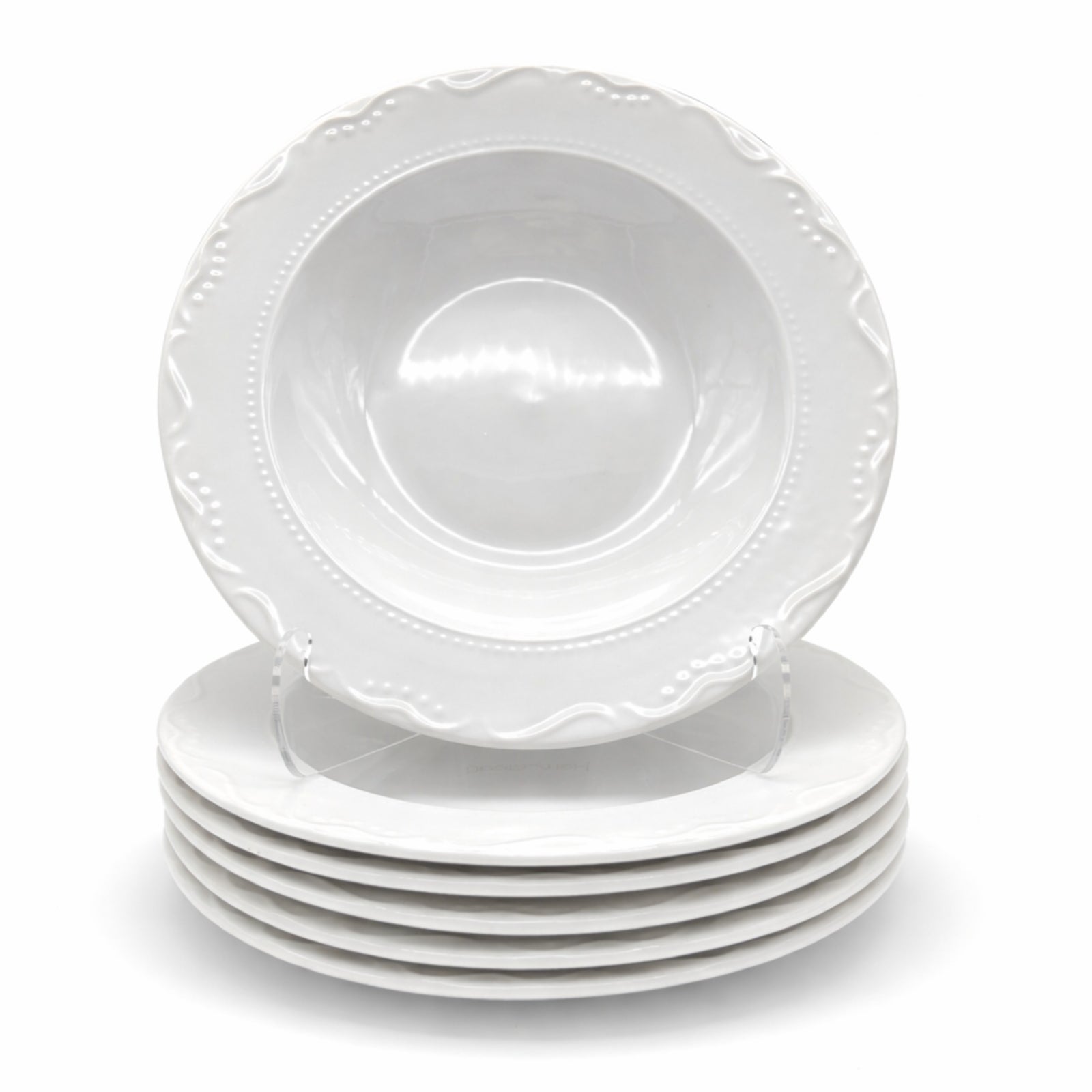 Soup Bowl Pasta Plate Porcelain White Embossed Floral Rim | Set-of-4 | White