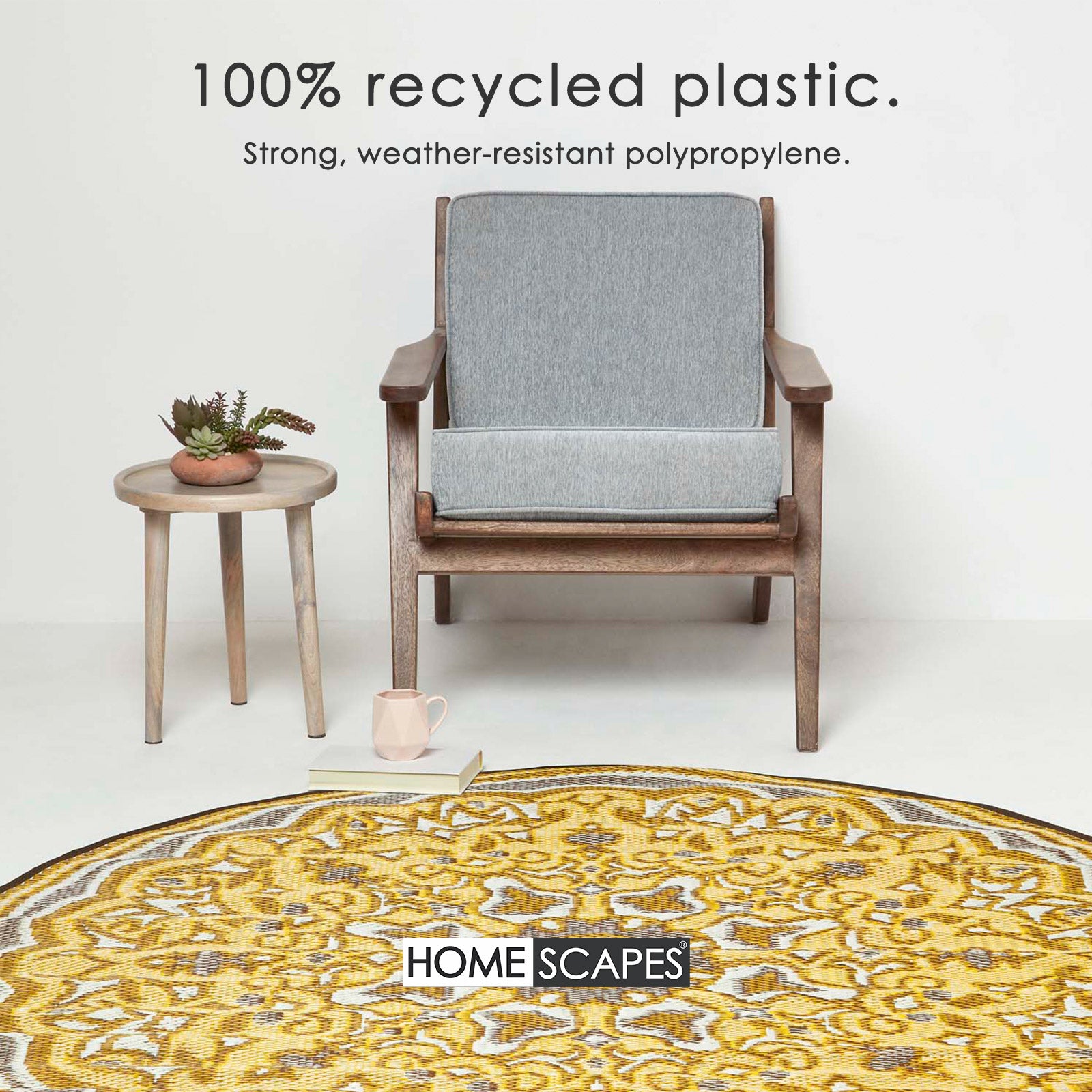 Luxury Outdoor Rug Waterproof Reversible Round For Garden Patio 100% Recycled, Yellow Rae
