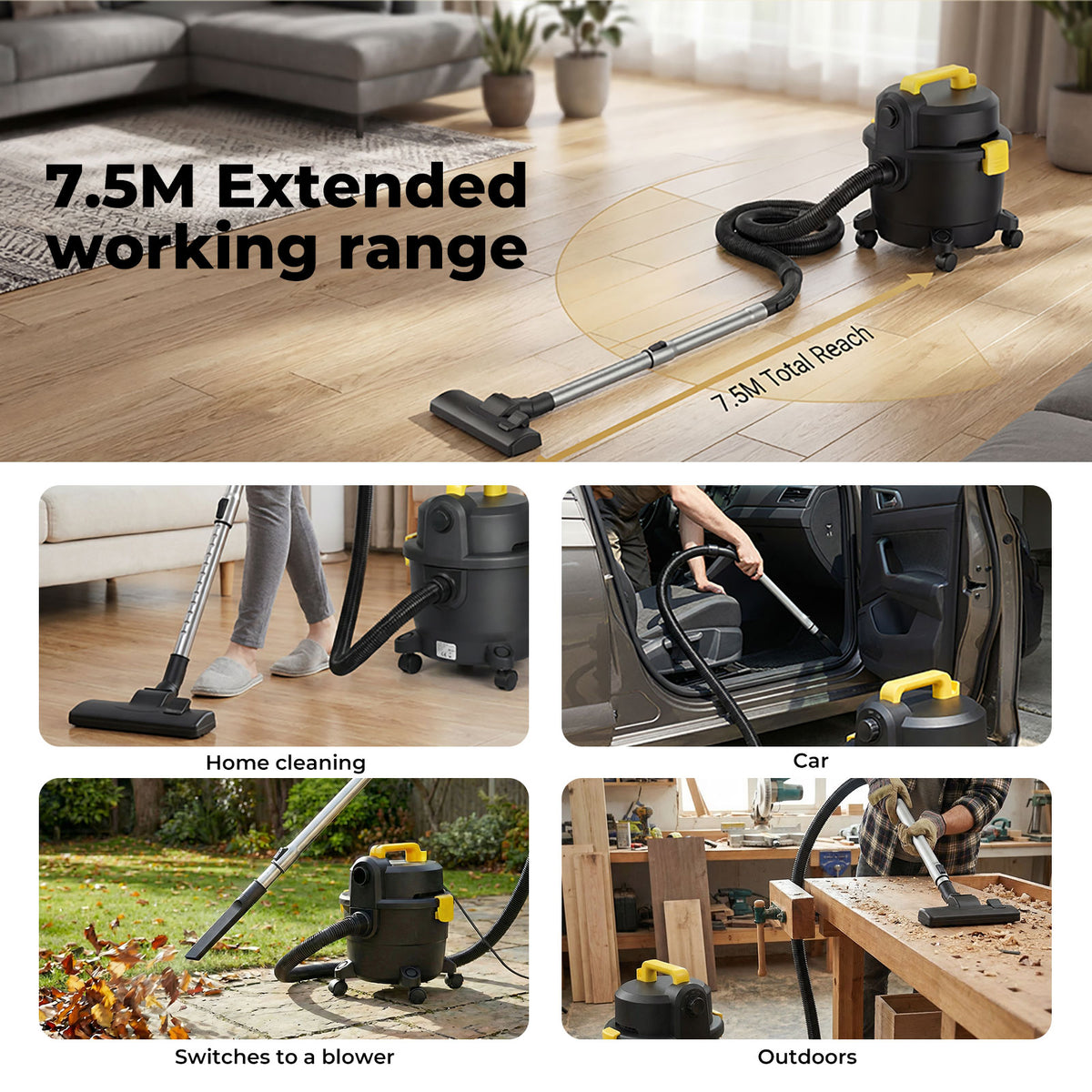 Wet And Dry Cylinder Vacuum Cleaner Powerful Suction Hepa 1000w 15l | Black