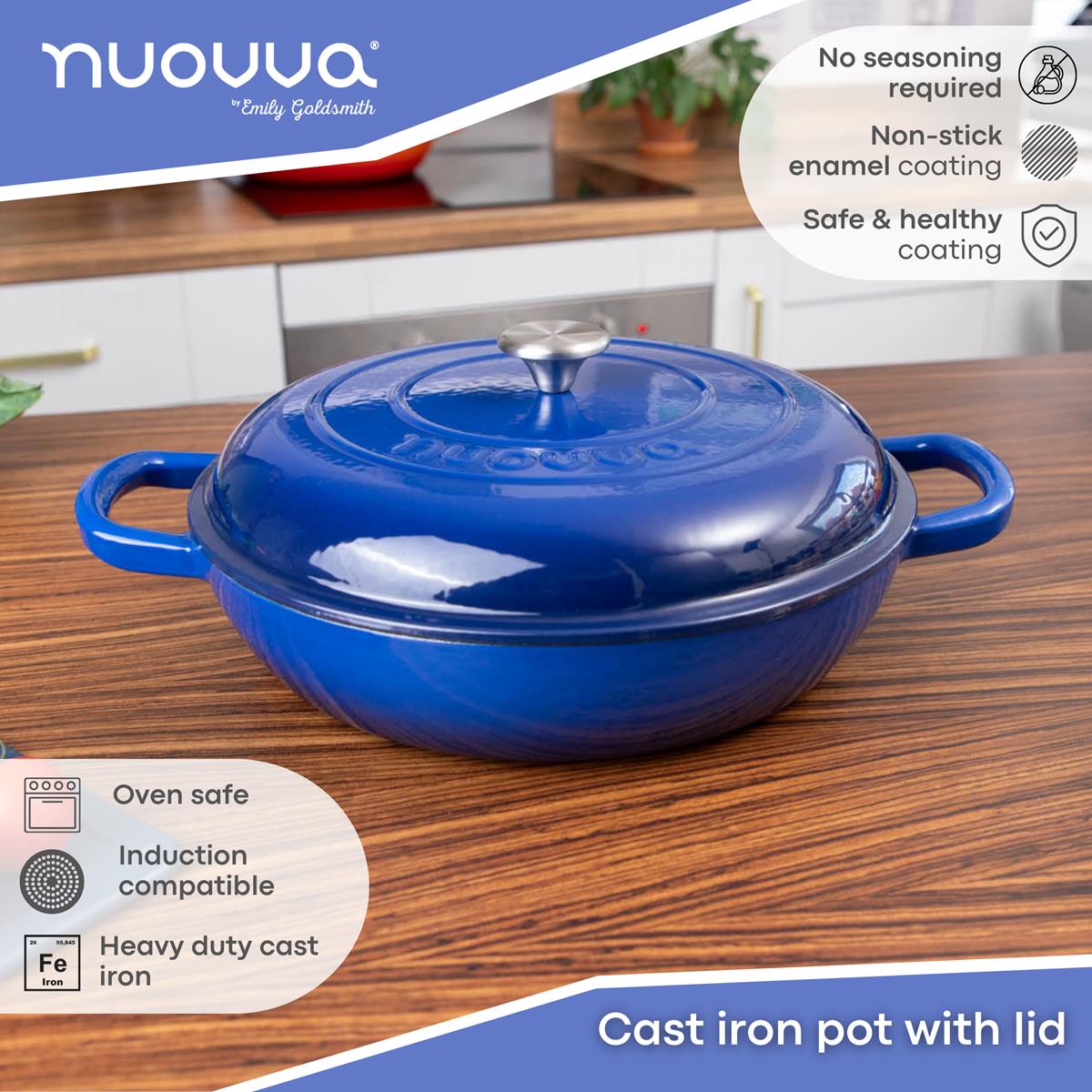 Shallow Cast Iron Casserole Pot With Lid, 5-quart, (32 Cm) | Dark Blue