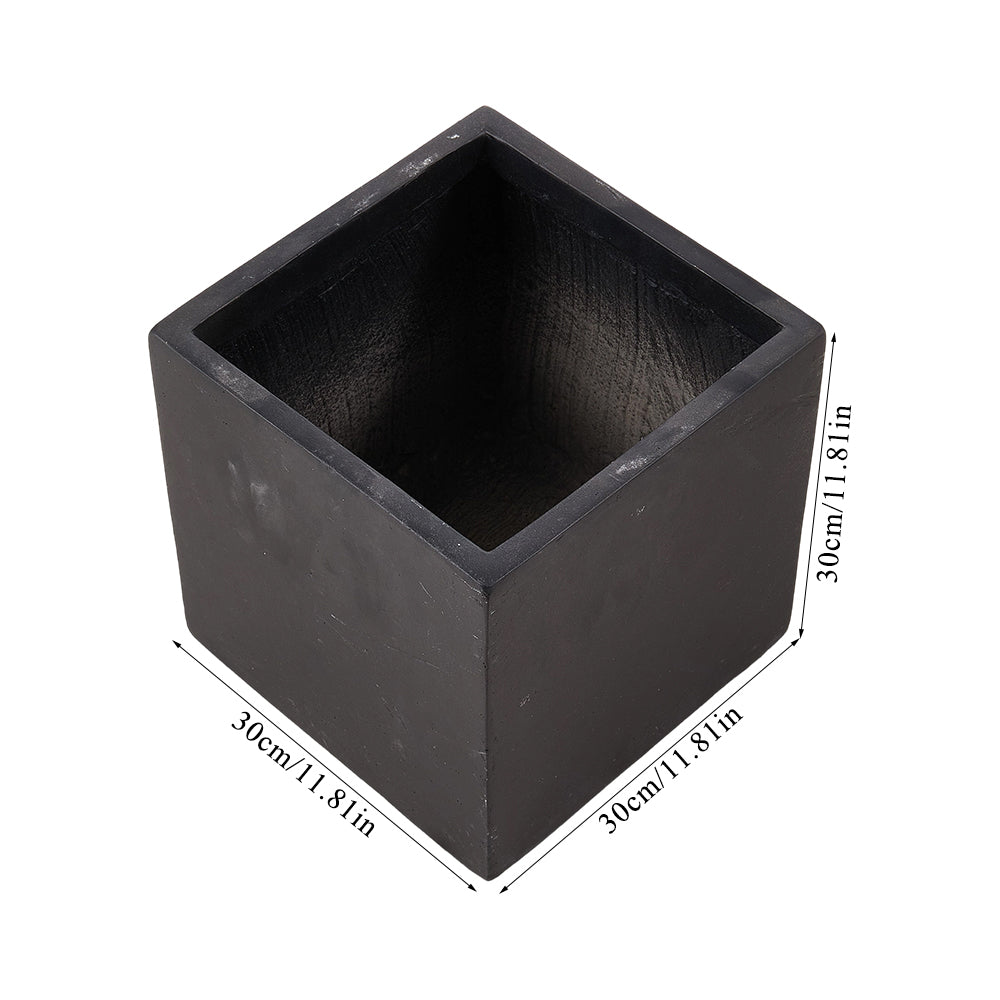 Cube Shaped Cement Planter Flower Pot With Drainage Holes | Large | Black