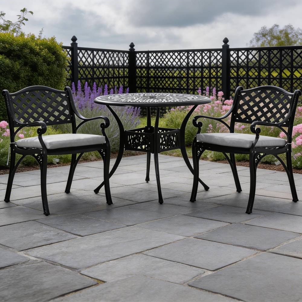 Set Of 3 Retro Garden Bistro Set Cast Aluminium With Cushions | Black
