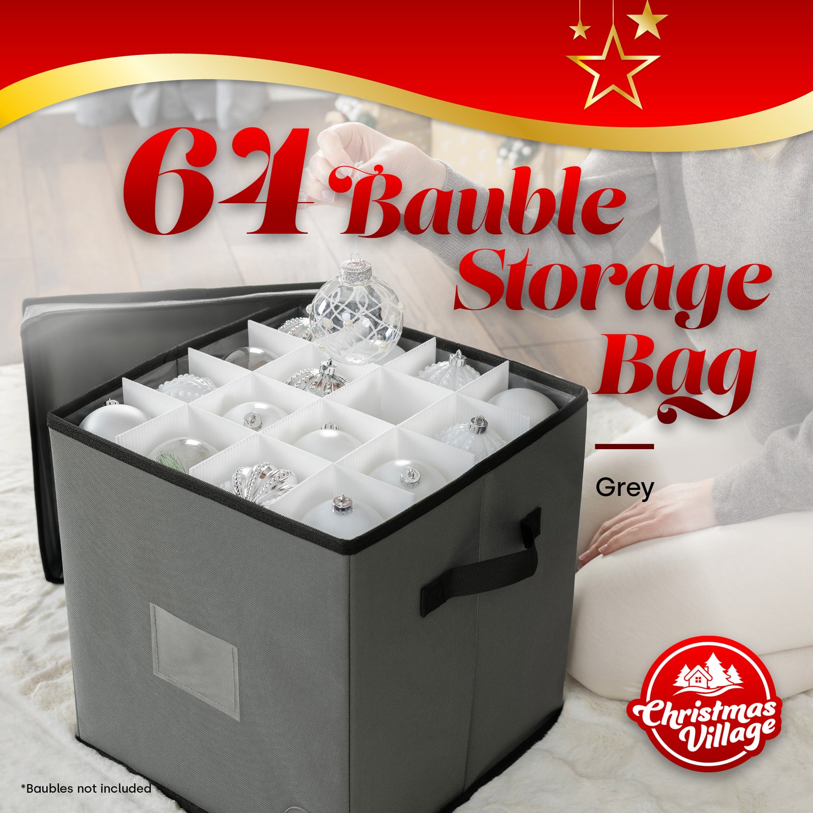 Grey Bauble Storage Bag With 64 Slots Zip Lid & Carry Handles
