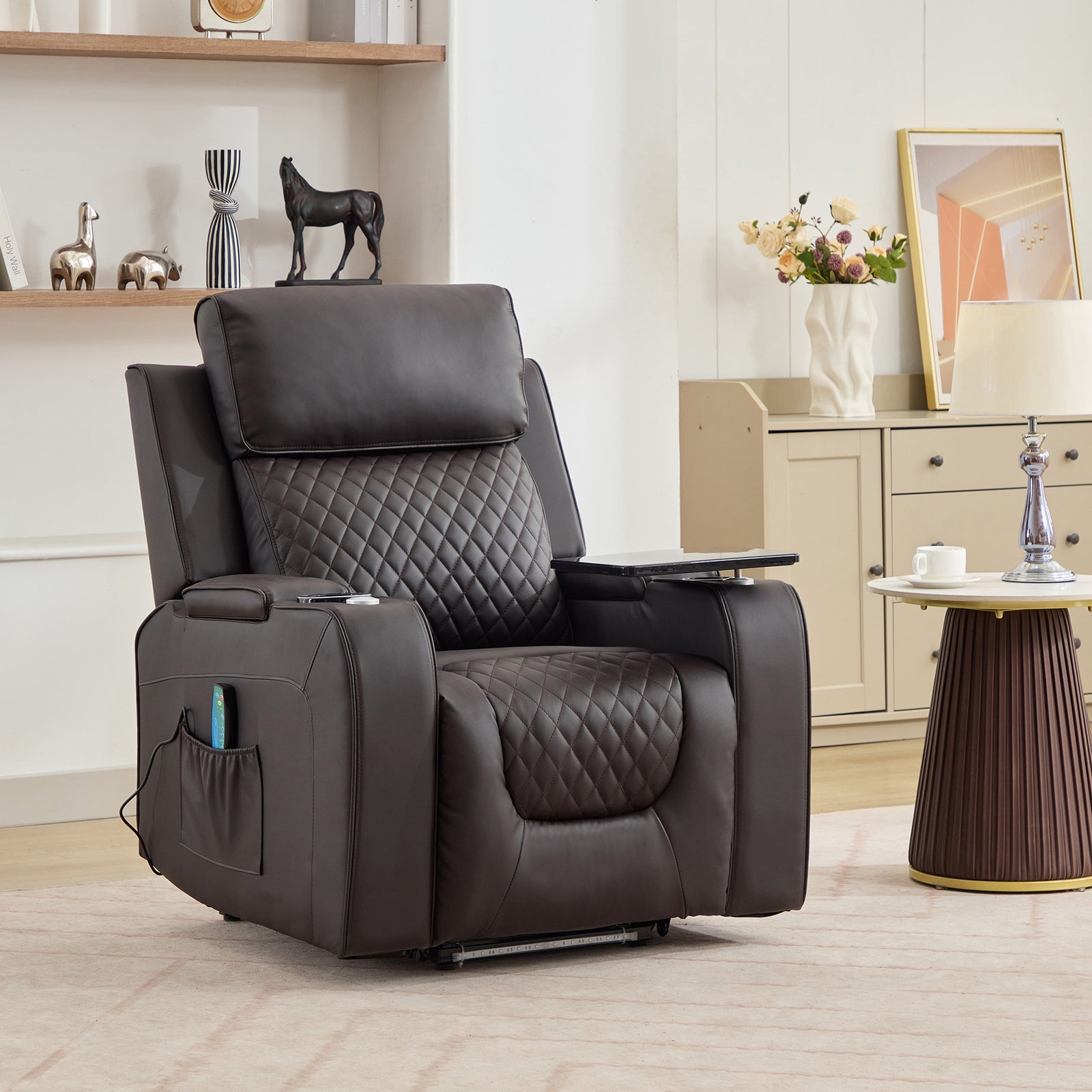 Byron Electric Riser Recliner Chair With Massage And Heat, Drink Cooler, Table | Brown
