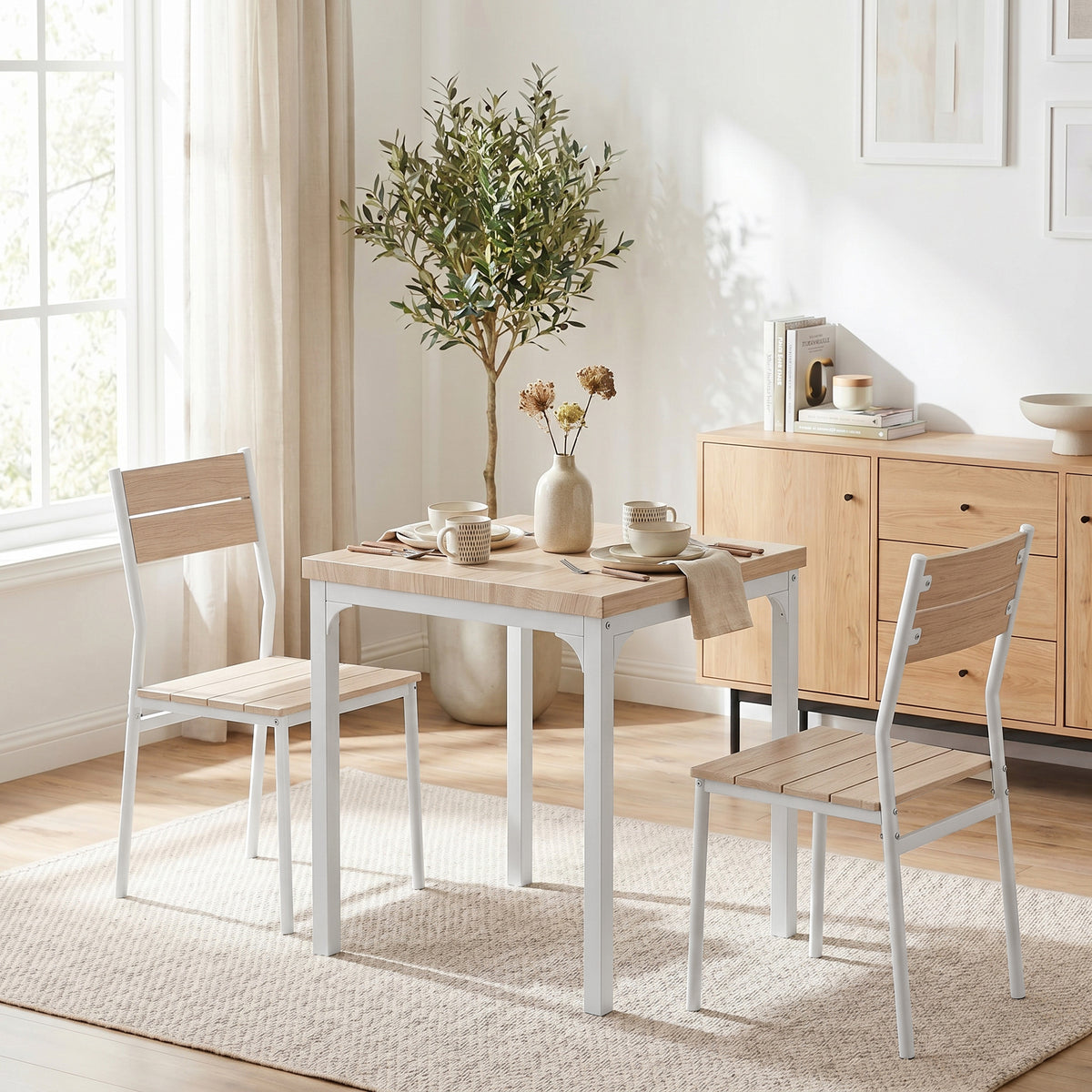 3 Pcs Compact Dining Table 2 Chairs Set | Oak