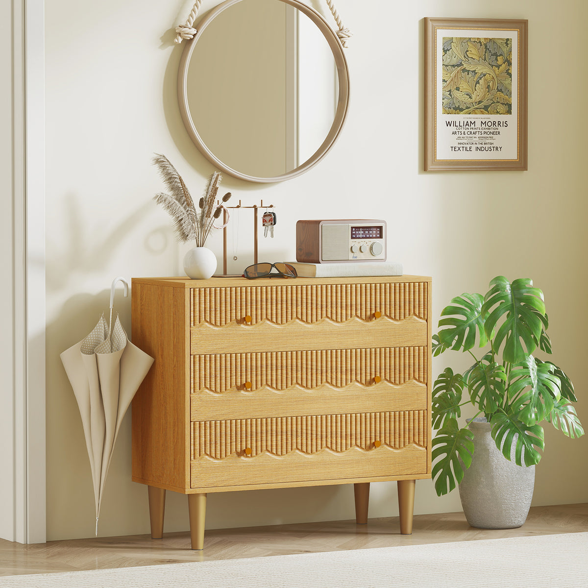 HOMCOM Chest Of Drawers, 3 Drawer Dresser Steel Legs And Wooden Top, Oak