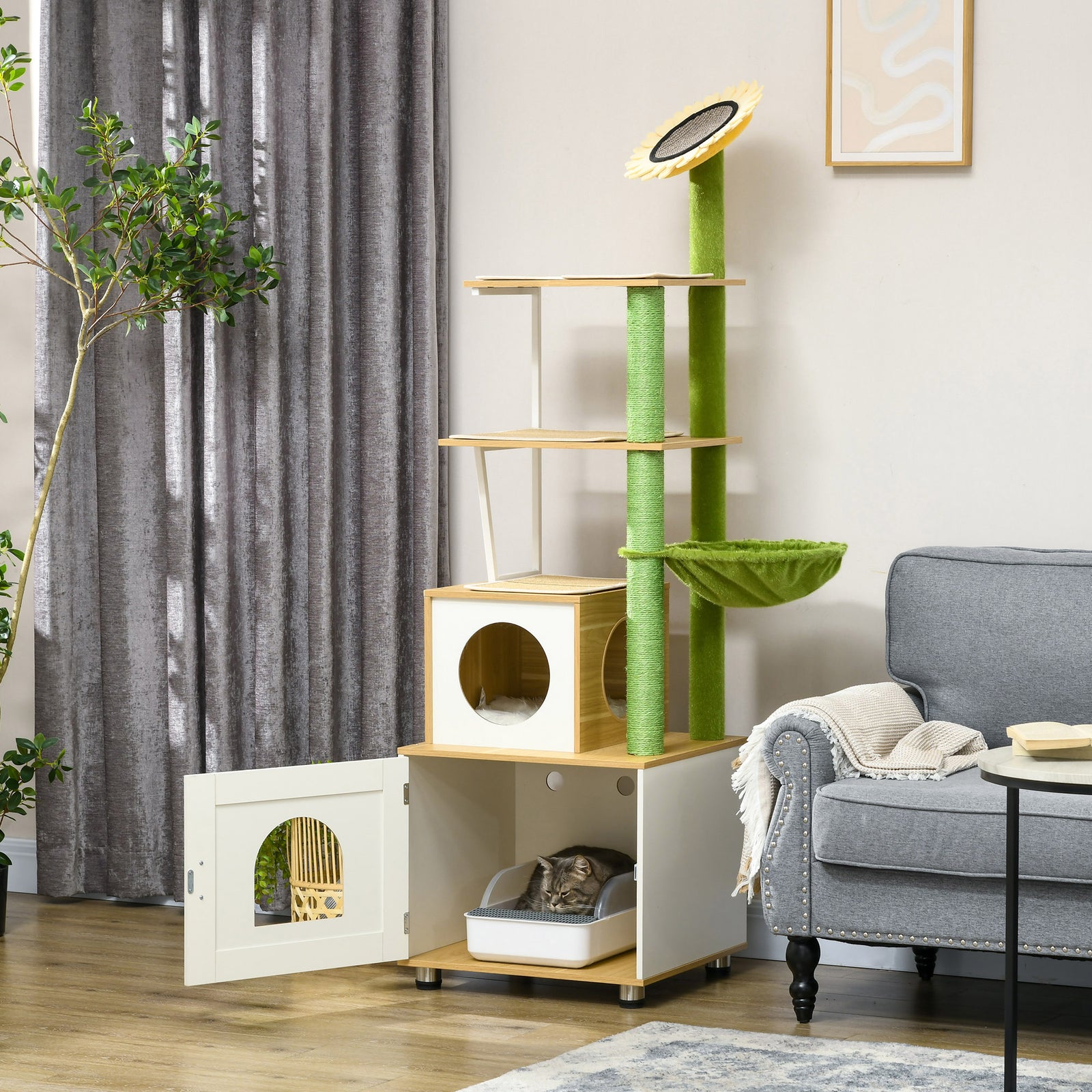 Cat Tree W/ Litter Box, Scratching Post, Cat House, Hammock - Oak Tone