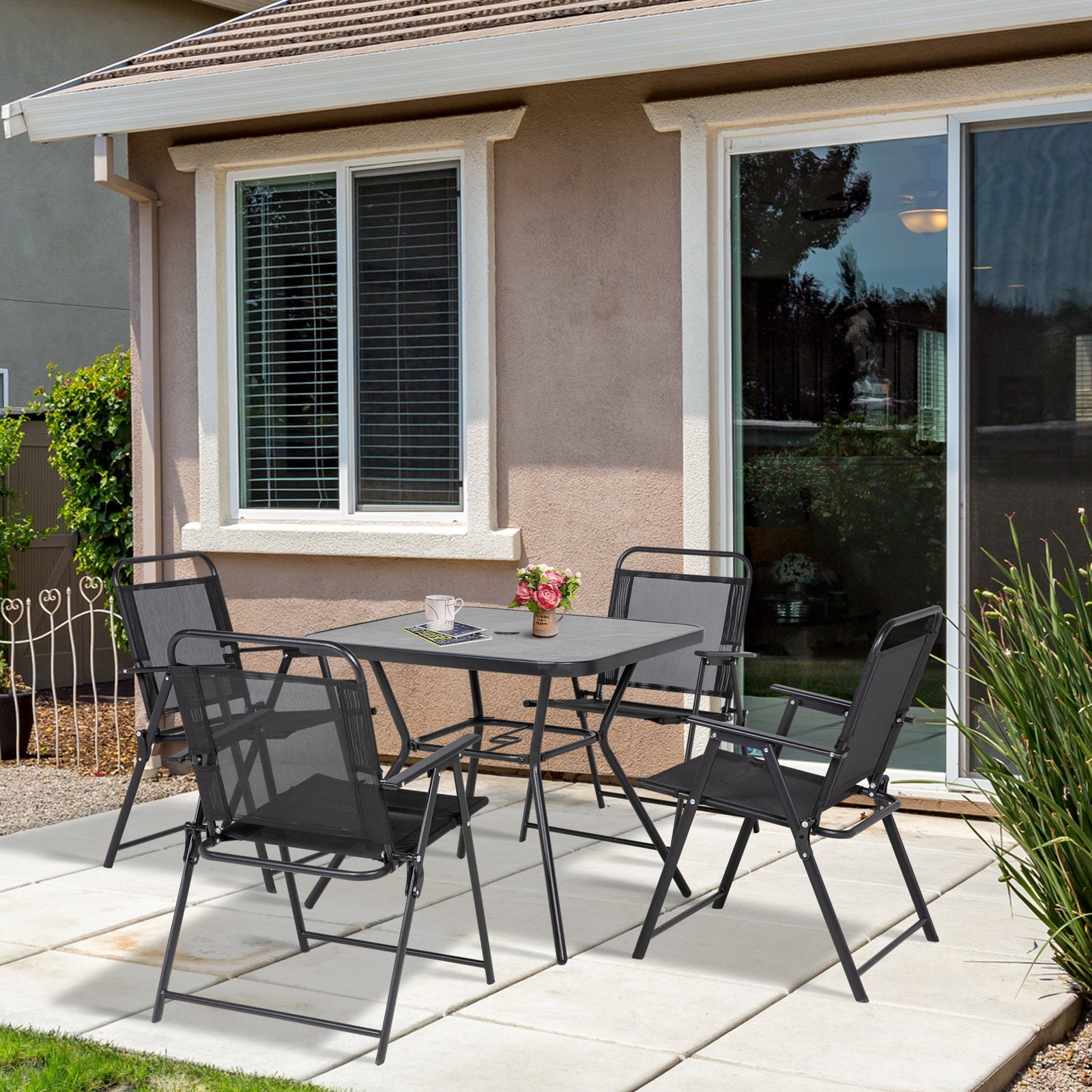 5-piece Garden Dining Set, 4 Foldable Armchairs, Black