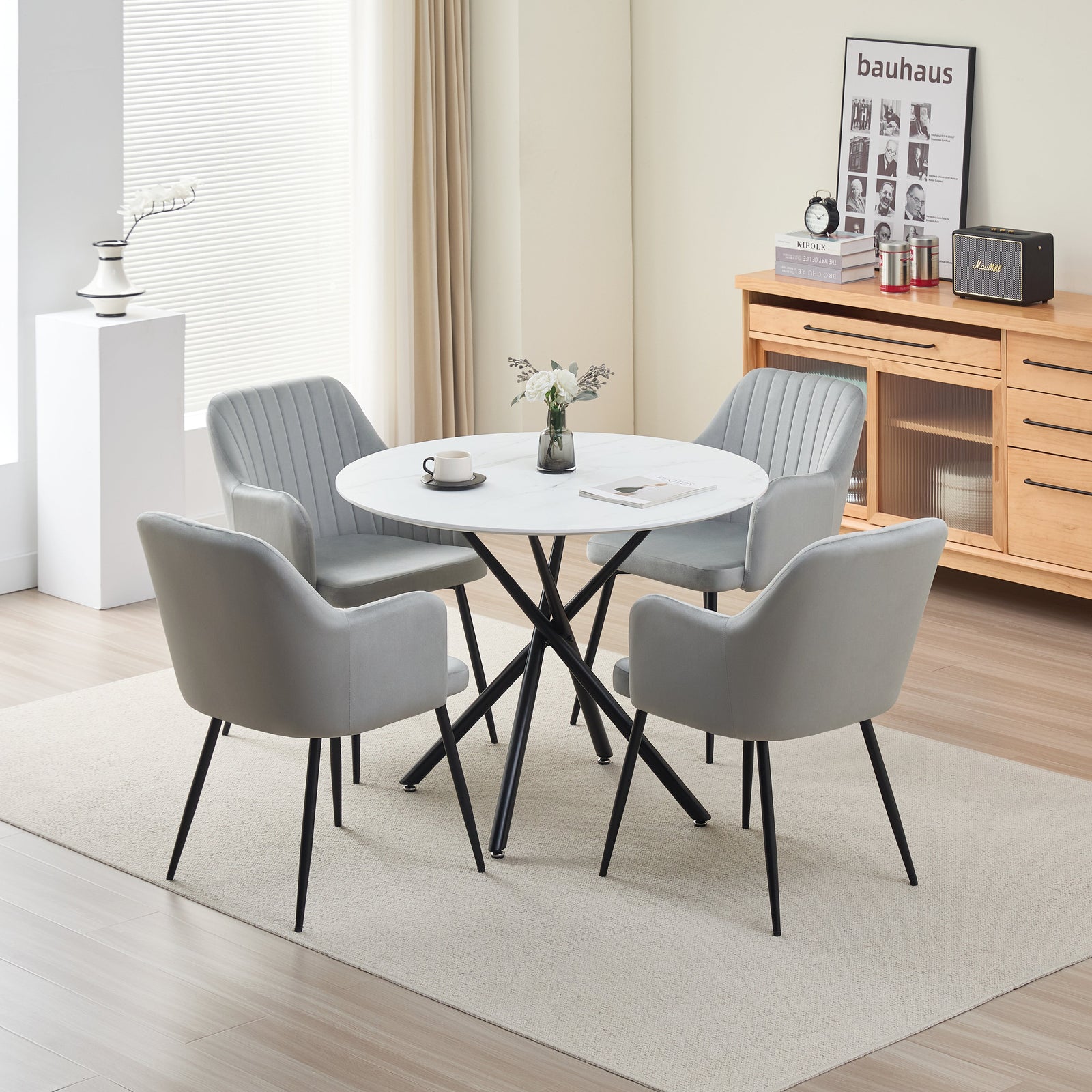 Elegant Seattle Dining Table Set With 4 Velvet Charlotte Chairs | Gray