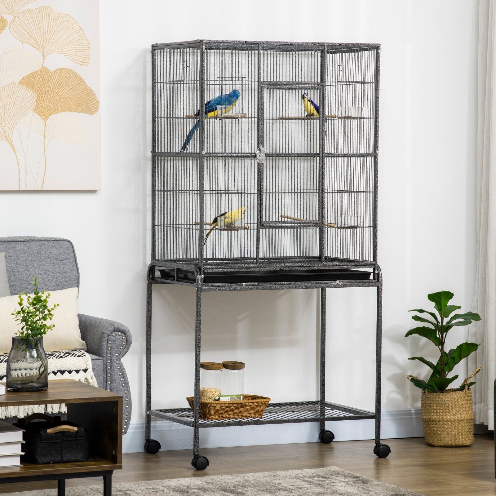 Rolling Bird Cage W/ Detachable Stand Storage Shelf  Wood Perch Food Cup
