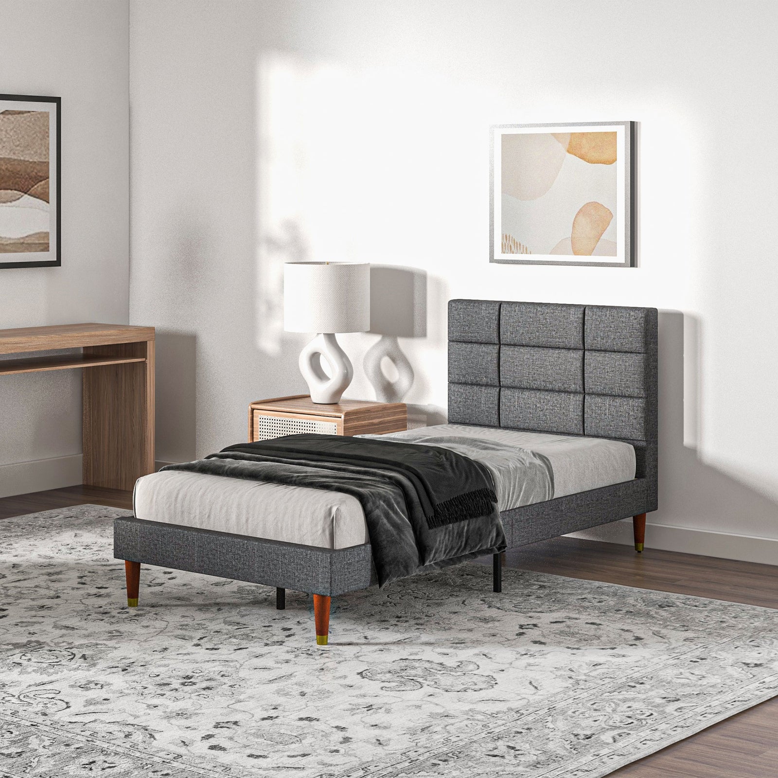 Single/double/king Upholstered Bed Frame With Wooden Slat | Single