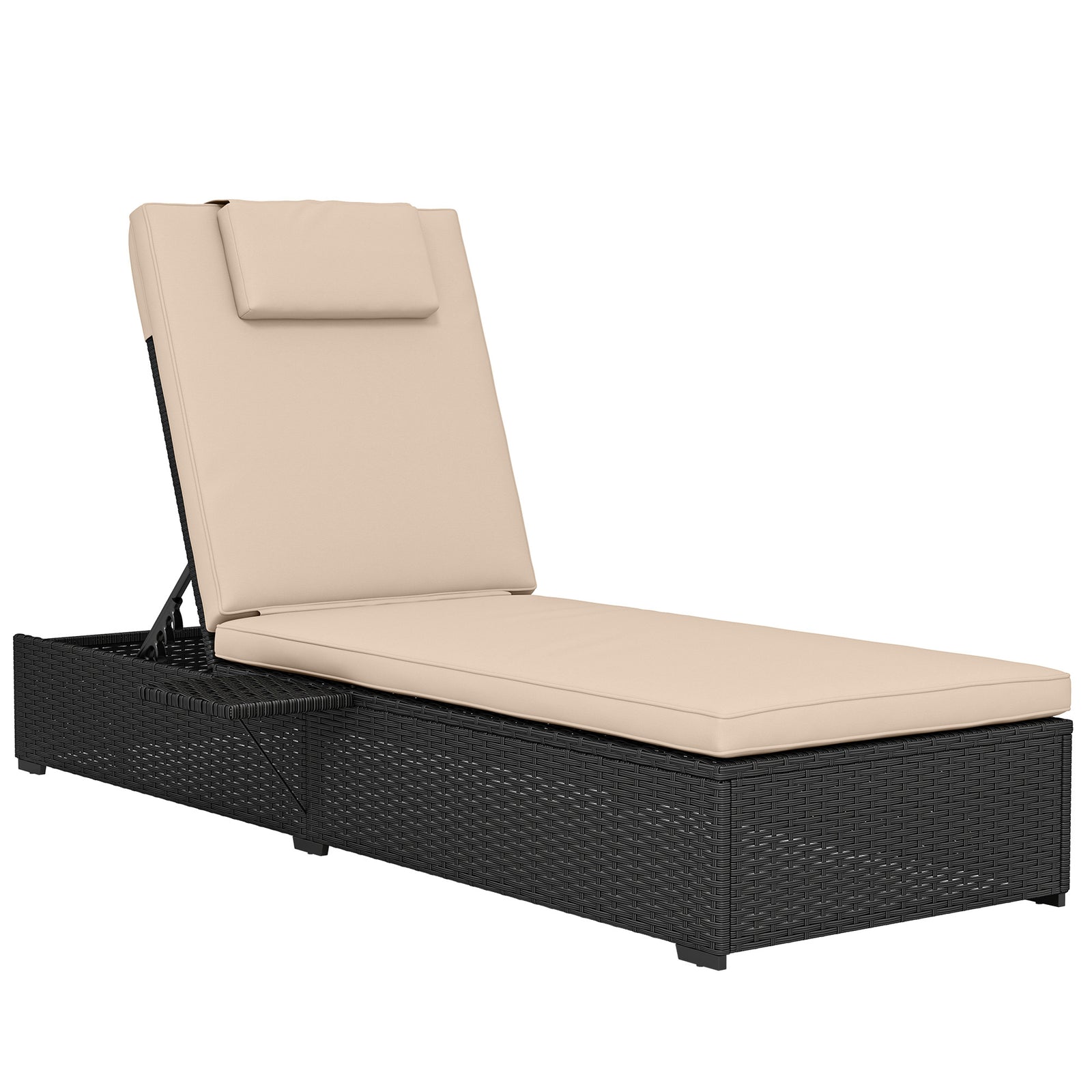 Rattan Sun Lounger, Garden Recliner W/ 5-level Back, Cushion | Black