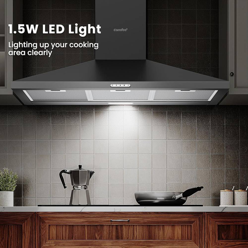 Black 90cm Wall-mounted 3-speed Chimney Range Hood Cooker Extractor