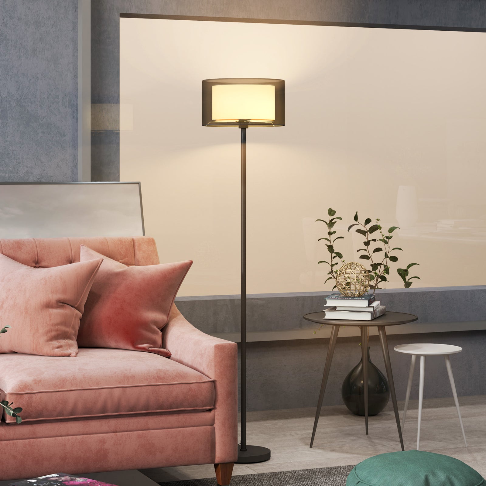 Modern Standing Lamp With Double Layer Shade Foot Switch