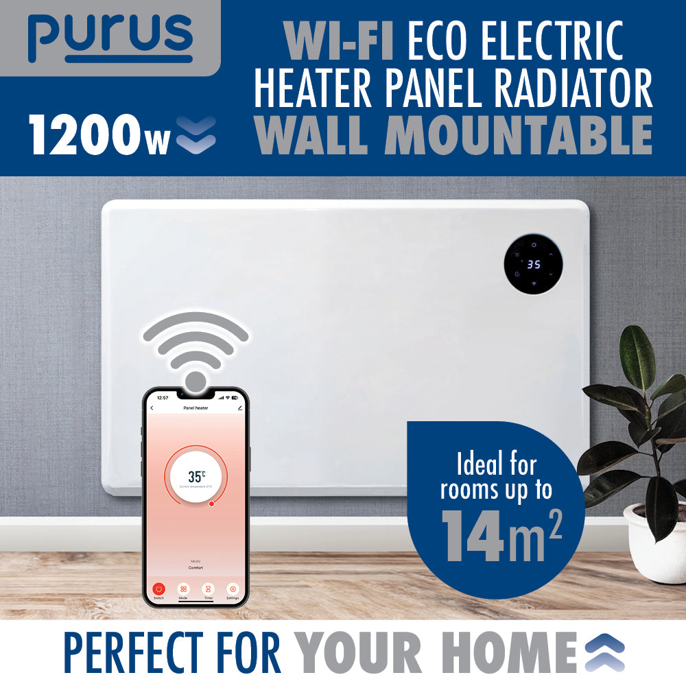 Wifi Smart Electric Radiator Panel Heater White Wall Mounted Or Floor Standing Bathroom Safe Timer And Thermostat | 1200w | White