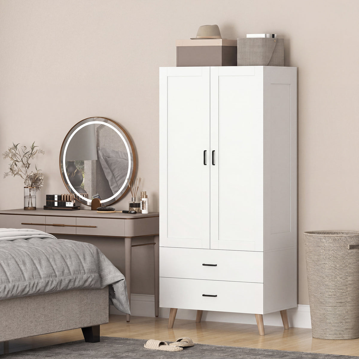 HOMCOM Wardrobe With 2 Drawers Hanging Rail, 180 Cm Storage Closet, White