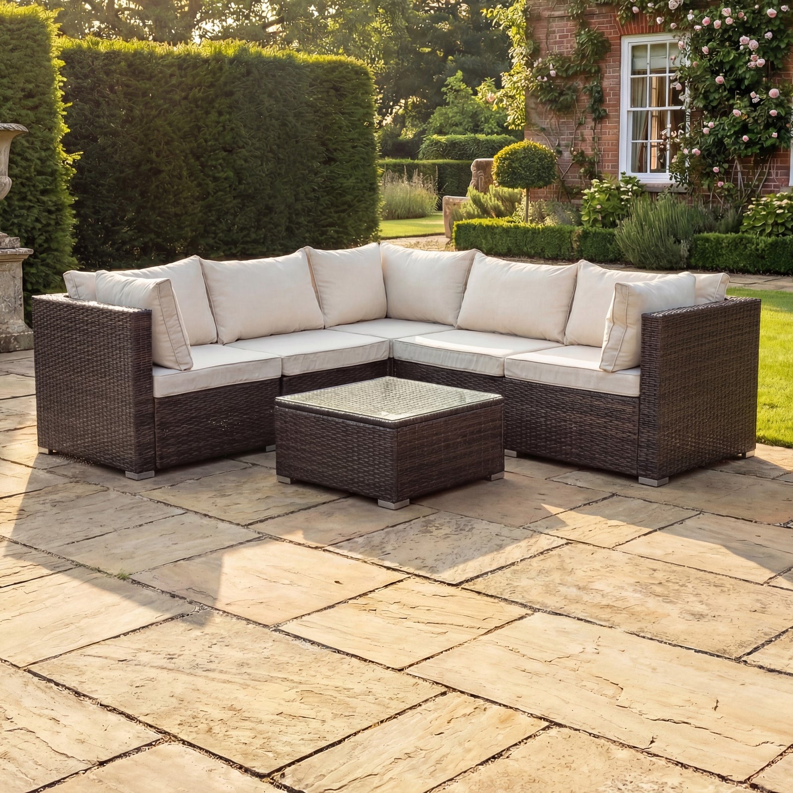Oliena Modular Rattan L-shaped Corner Garden Furniture | 4 Piece | Cream & Brown
