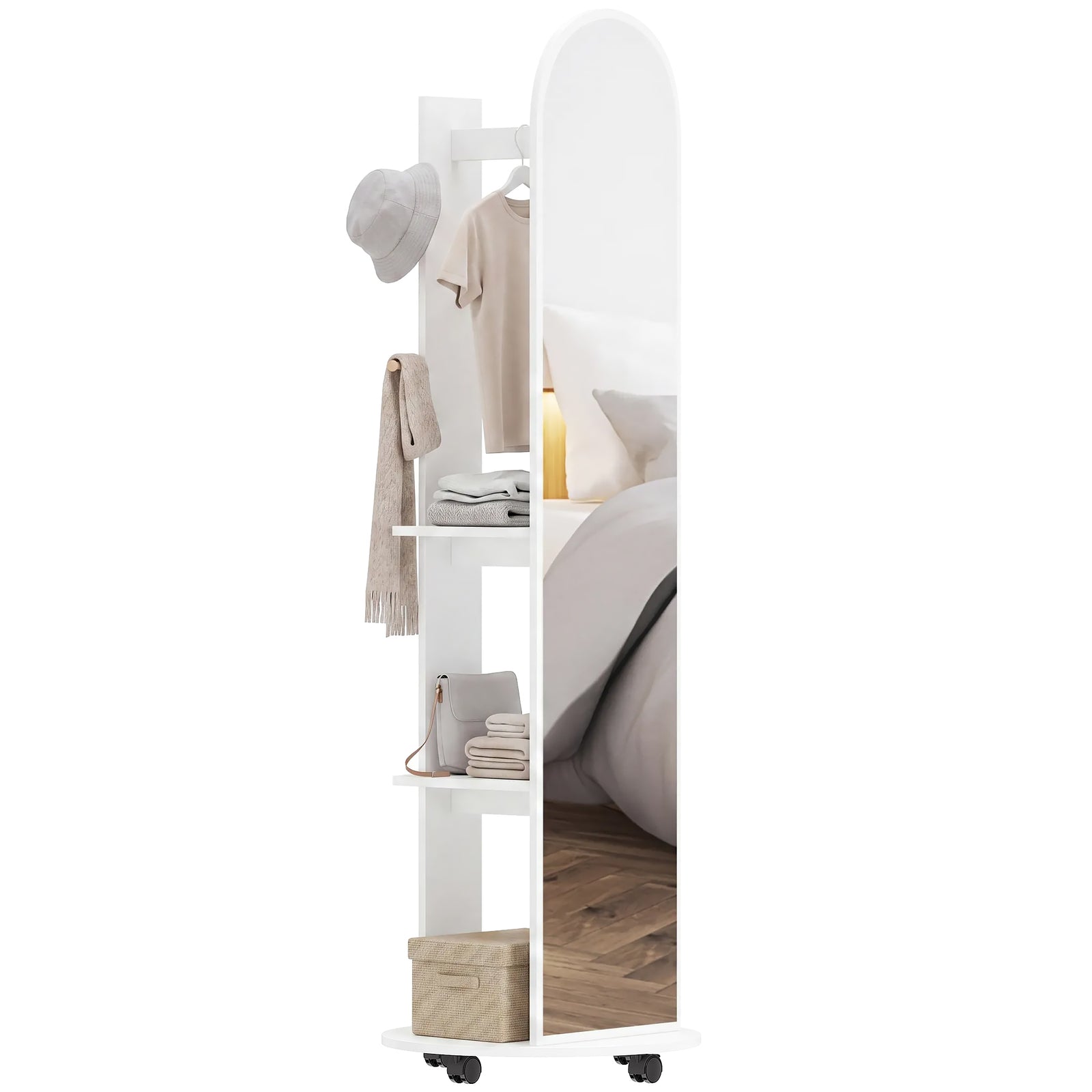 2-in-1 Full Length Mirror With Shelves, 4 Wheels, White | White