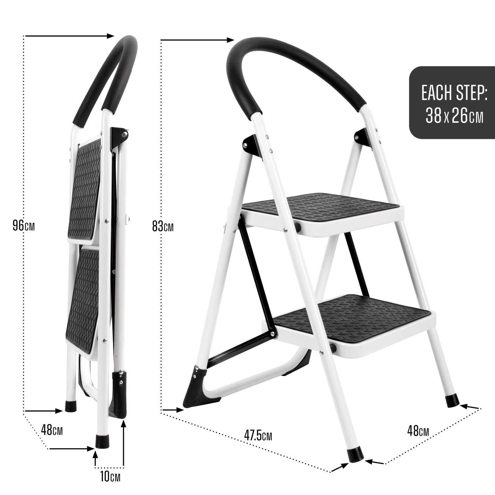 Step Ladder Premium Heavy-duty Steel Folding Step Stool 150kg Capacity | 2 Step | White
