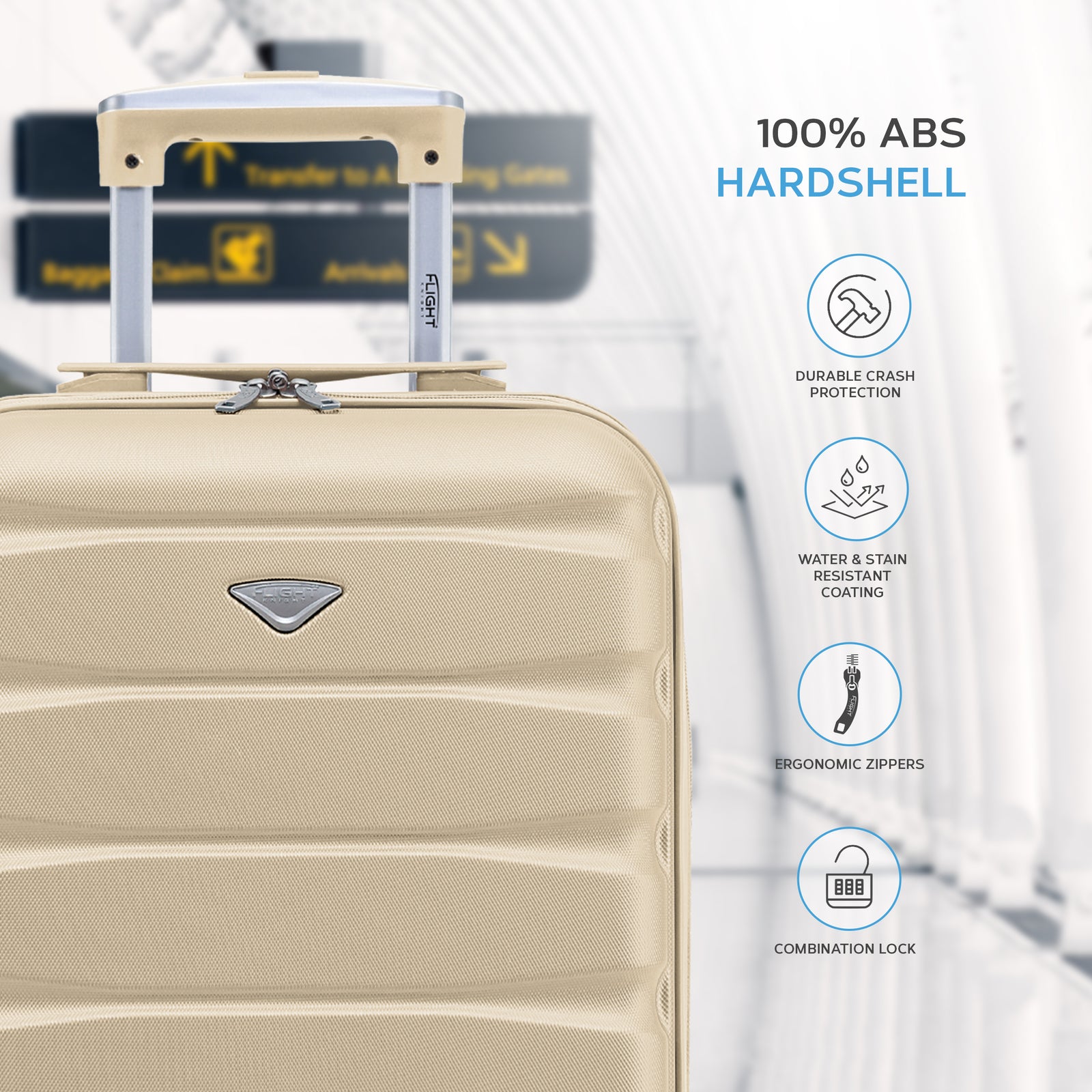 55x35x25cm Lightweight Suitcase - Cabin Carry On - Hard Shell - 4 Wheels Overhead Luggage | Cabin | Champagne