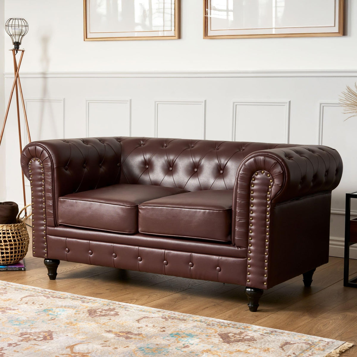 Chesterfield Scroll Arm Faux Leather Sofa 2 Seater | Brown