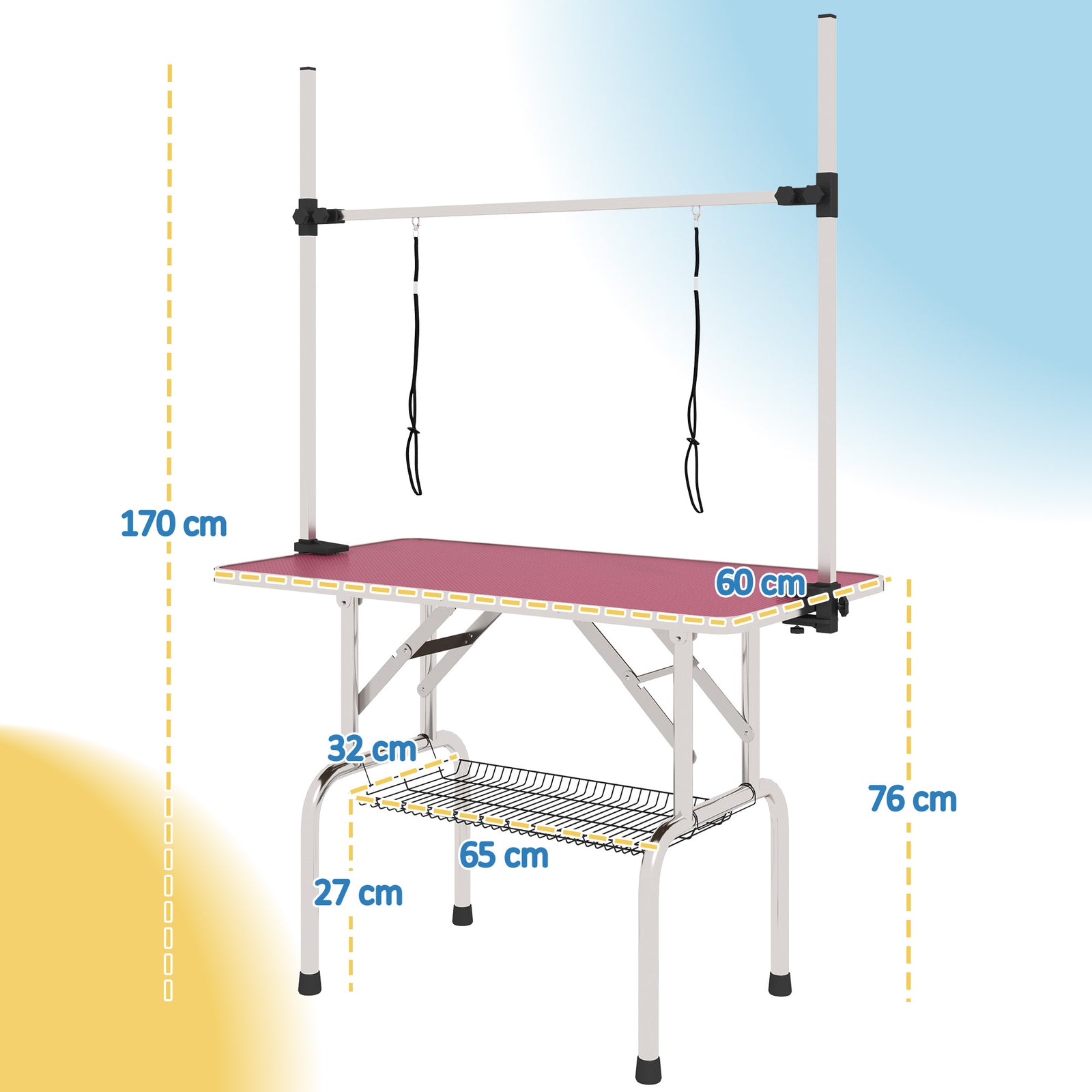 Metal Adjustable Dog Grooming Table Rubber Top 2 Safety Slings Mesh | Pink