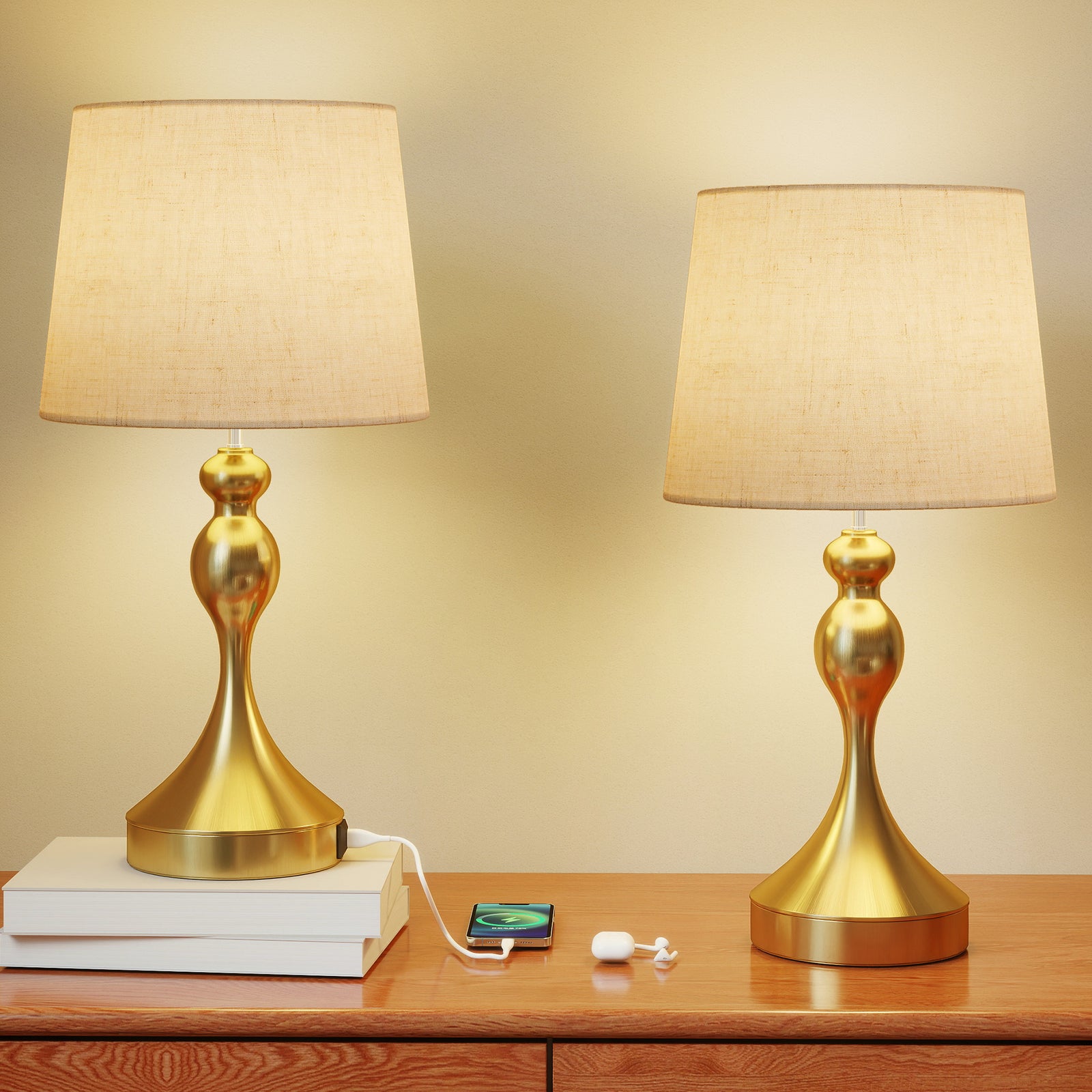 Table Lamps Set Of 2, Modern Bedside Lamps With Usb Ports | Gold