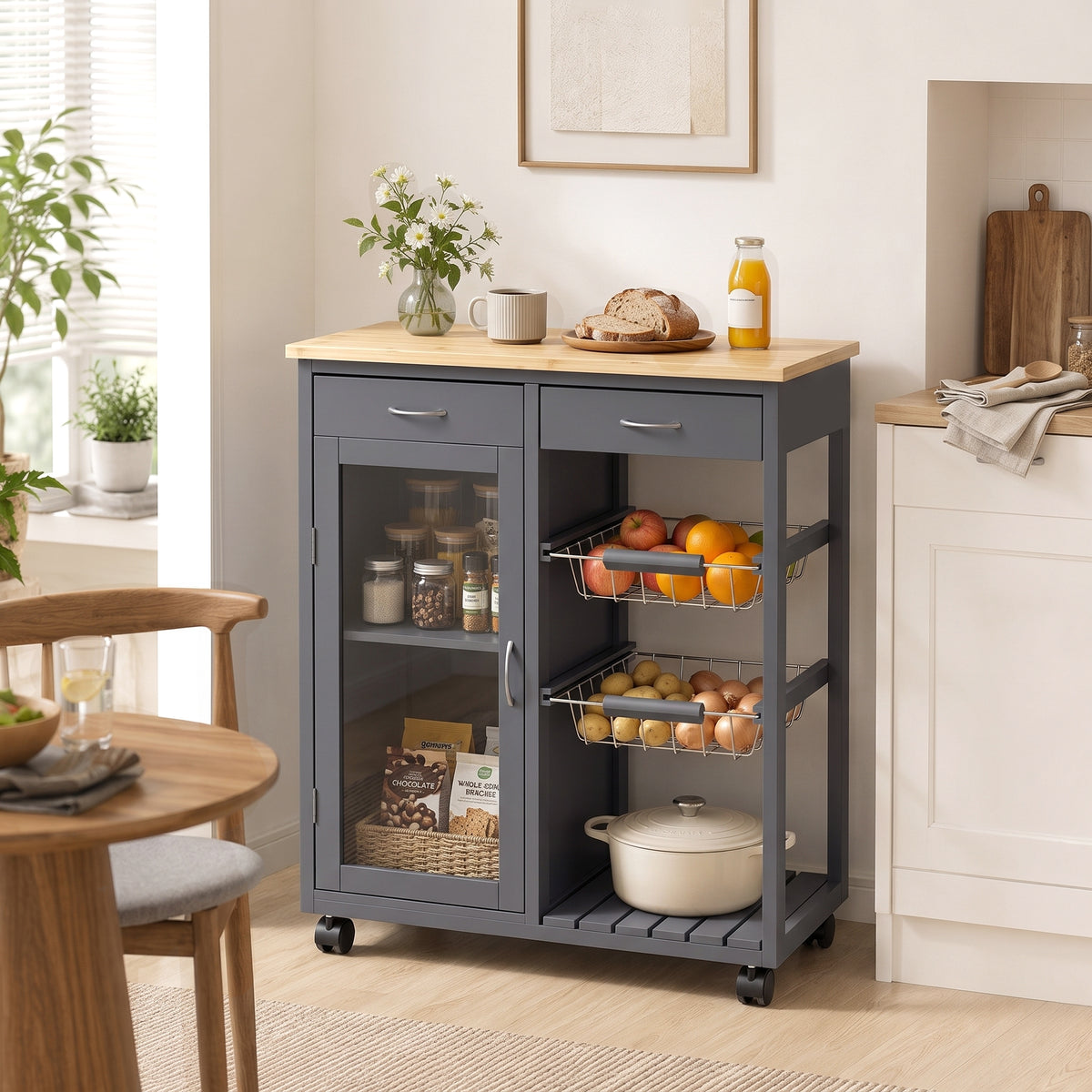 HOMCOM Bamboo Kitchen Island With Glass Door, 2 Metal Wire Baskets, Grey