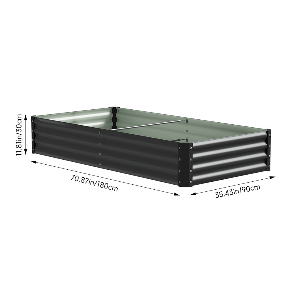 Rectangular Garden Bed – Durable Steel Raised Planter With Safe Edges,180cm W X 90cm D X 30cm H, 2 Support Bars | Black