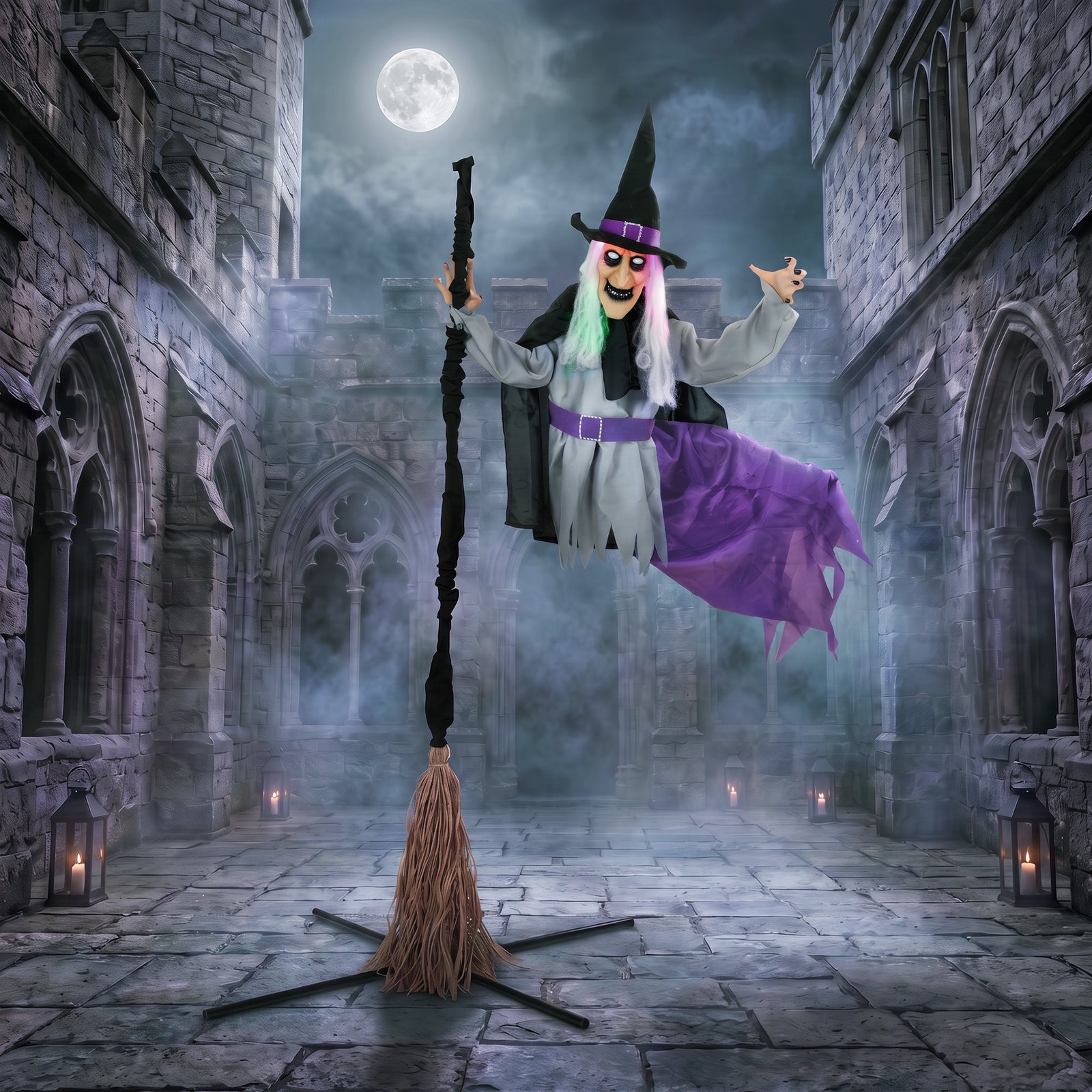 HOMCOM 200cm Life Size Animated Witch, Scary Halloween Animatronic Decor