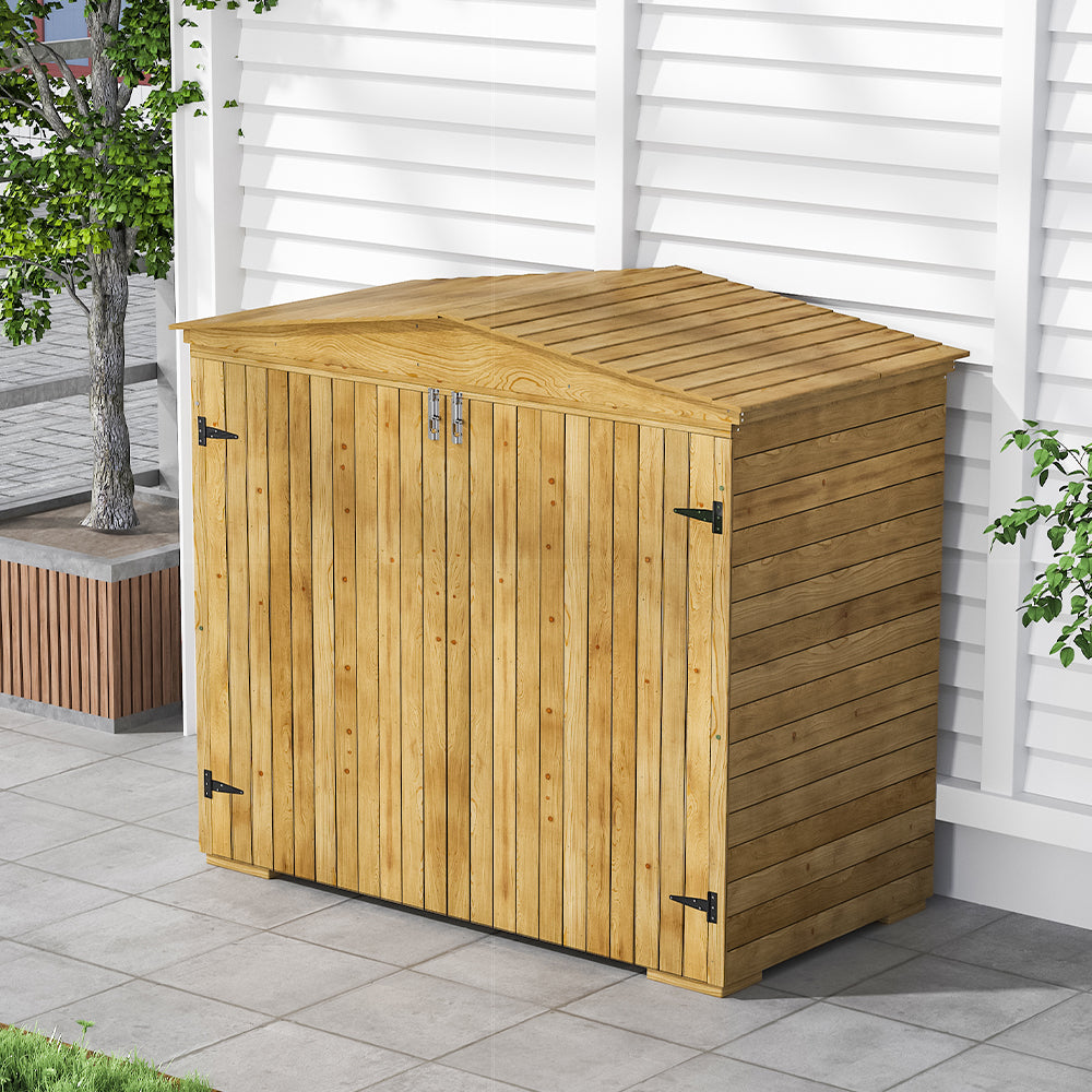 Solid Fir Wood Garden Storage Shed, Outdoor Wooden Cabinet With Double Doors & Sloped Roof, Waterproof Painted Tool Storage