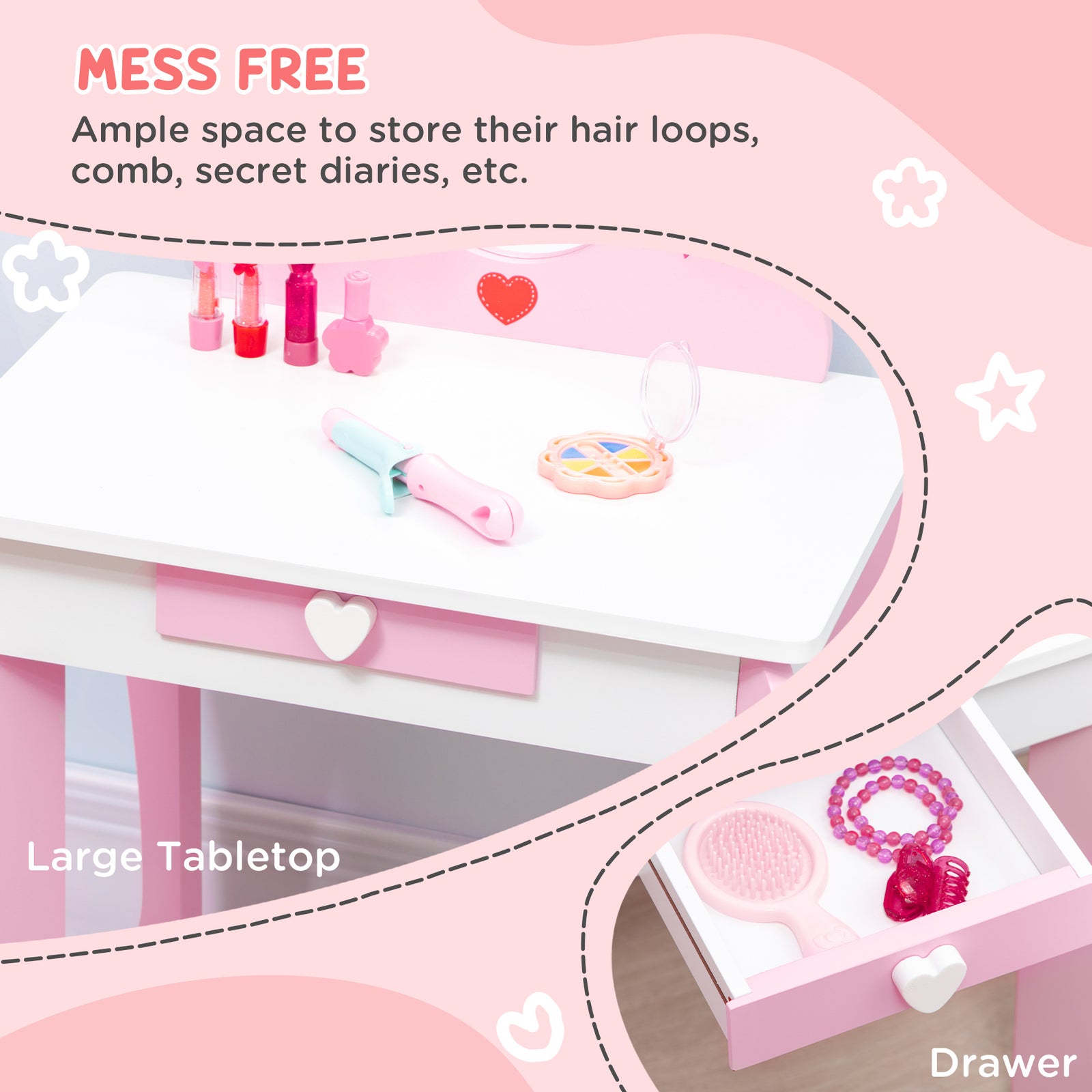 Kids Dressing Table With Mirror, Stool, Drawer, Cute Patterns - Pink | Pink