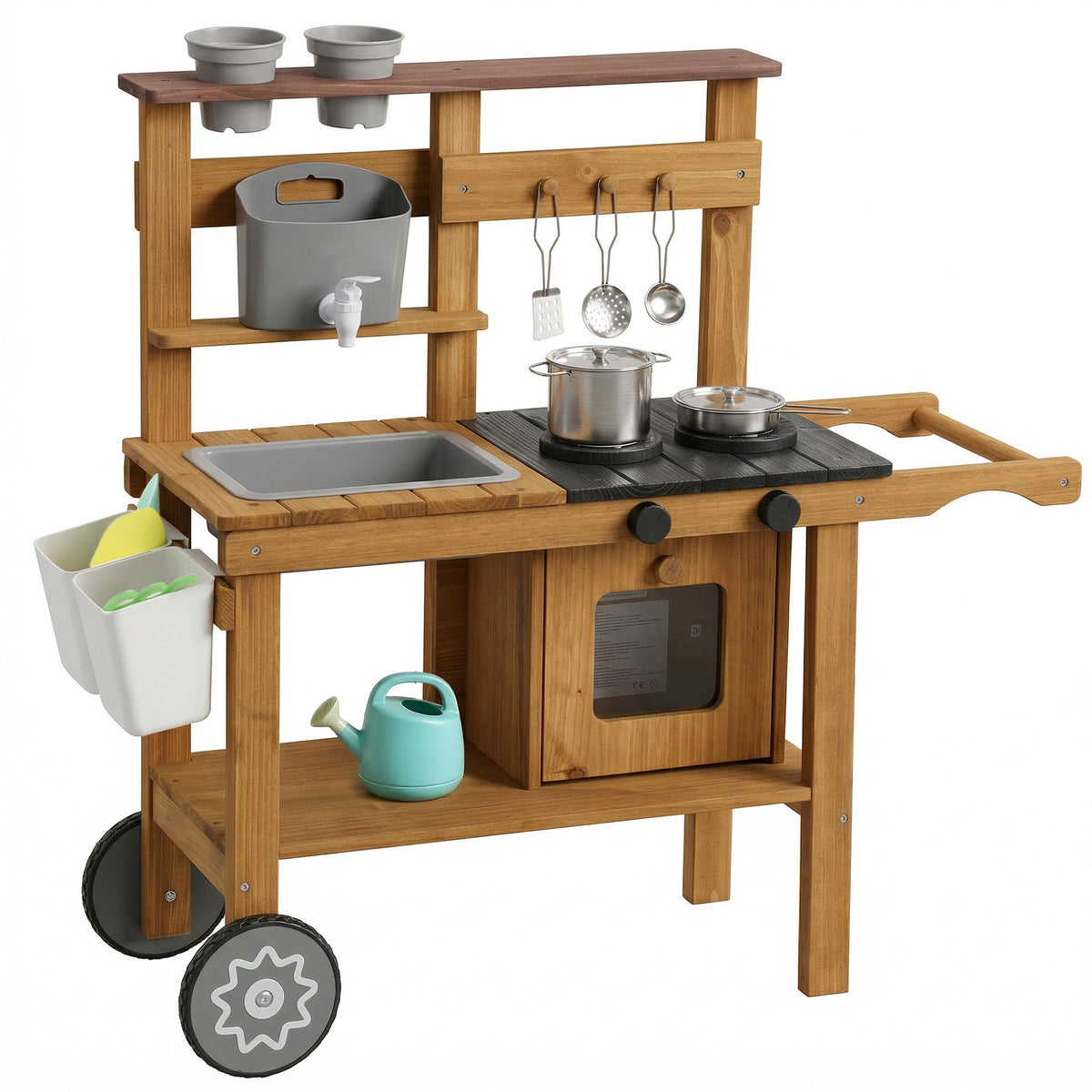 AIYAPLAY Wooden Mud Kitchen With Wheels, Stove, Stainless Steel Accessories