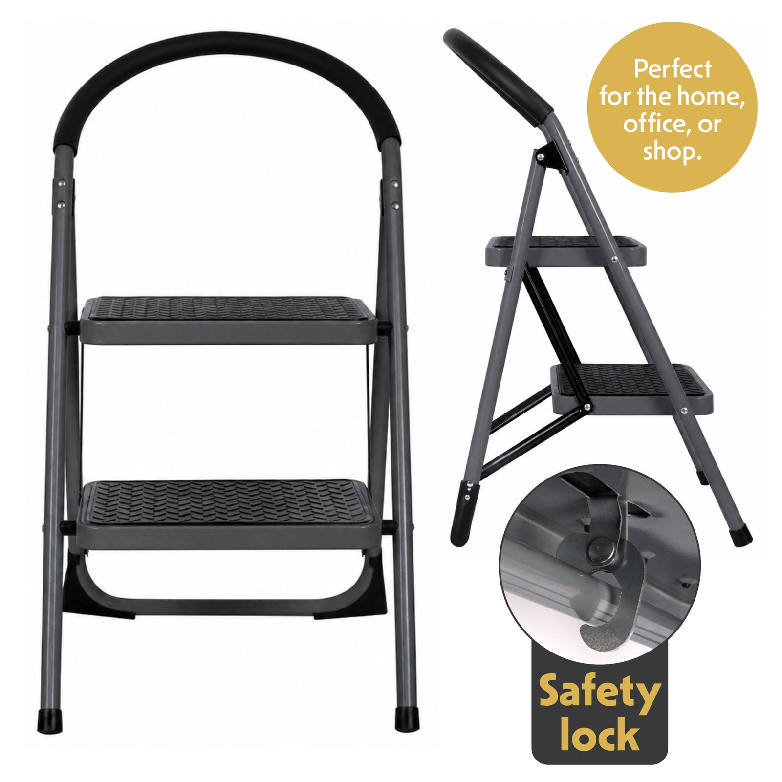 Step Ladder Premium Heavy-duty Steel Folding Step Stool 150kg Capacity | 2 Step | Grey