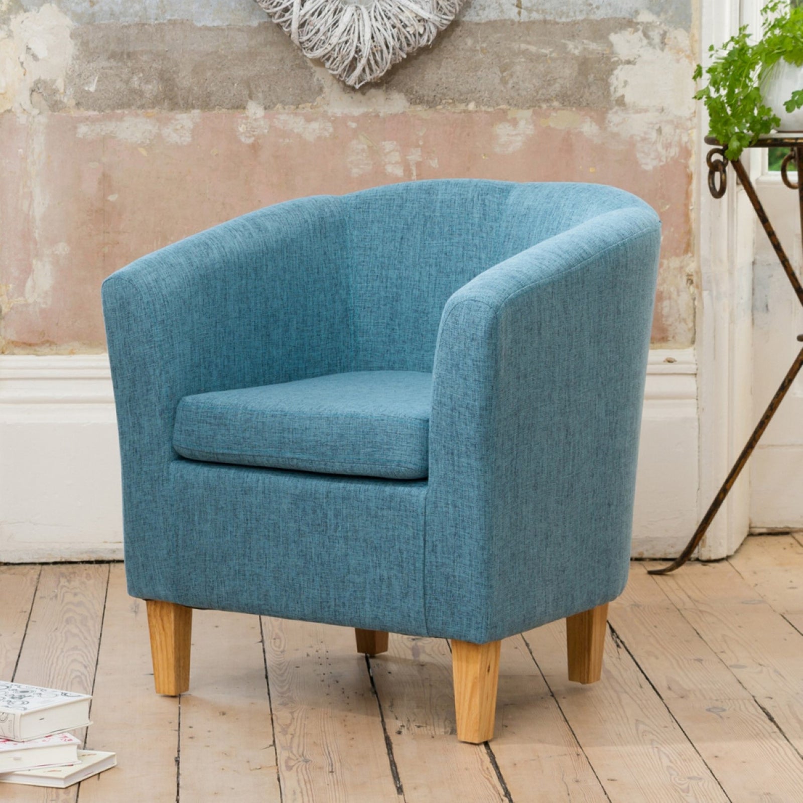 Alderwood 68cm Wide Hessian Fabric Tub Chair With Pine Coloured Legs | Teal