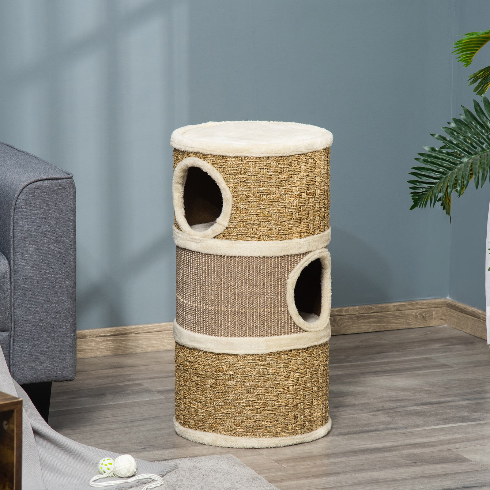 Cat Scratching Barrel Kitten Tree Tower With Sisal And Seaweed Rope