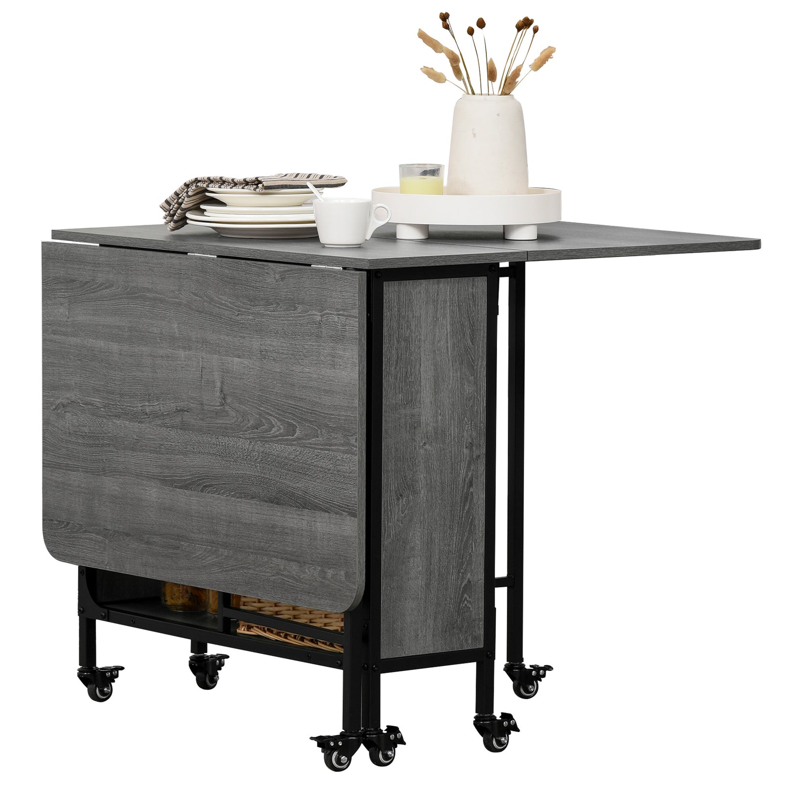 Mobile Drop Leaf Dining Table On Wheels With Storage Shelf