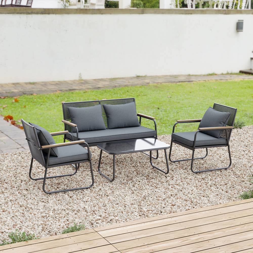 Breeins 4-piece Outdoor Pe Rattan Garden Furniture Set With Loveseat, 2 Armchairs & Glass Coffee Table, Cushioned Patio Conversation Set For Garden, Balcony & Backyard
