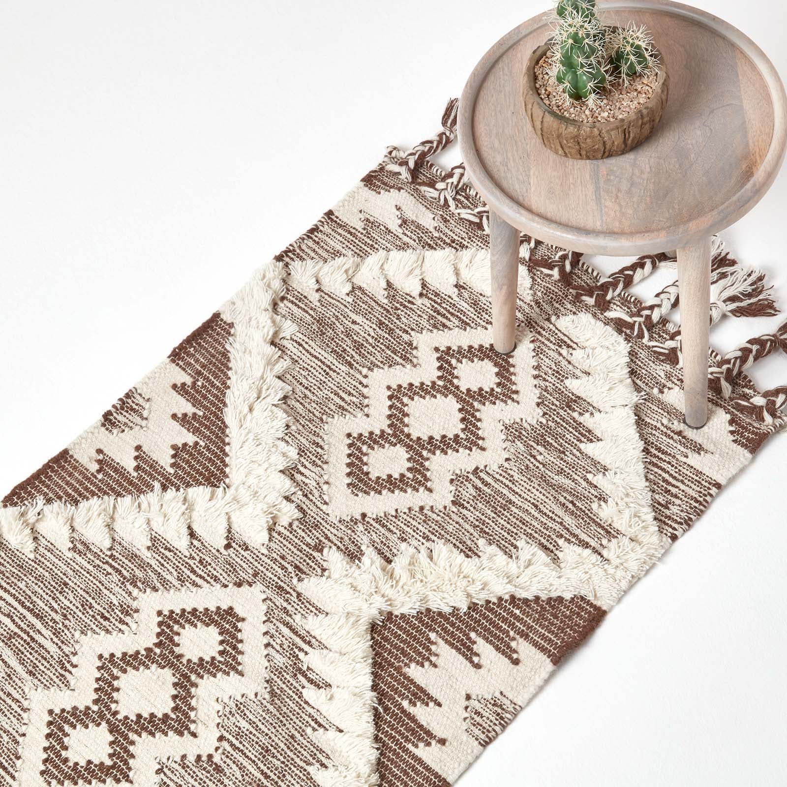 Lhasa Handwoven Brown And Cream Diamond  Kilim Wool Rug | 200cm | Cream & Brown