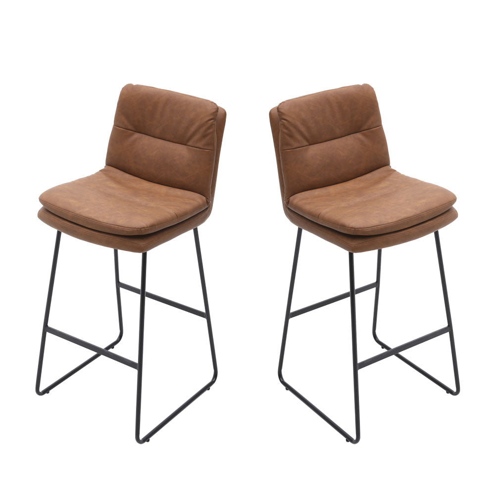 Set Of 2 Pu Leather Bar Stools – Modern Counter Chairs With Double-layer Cushion & Black Metal Legs | Brown