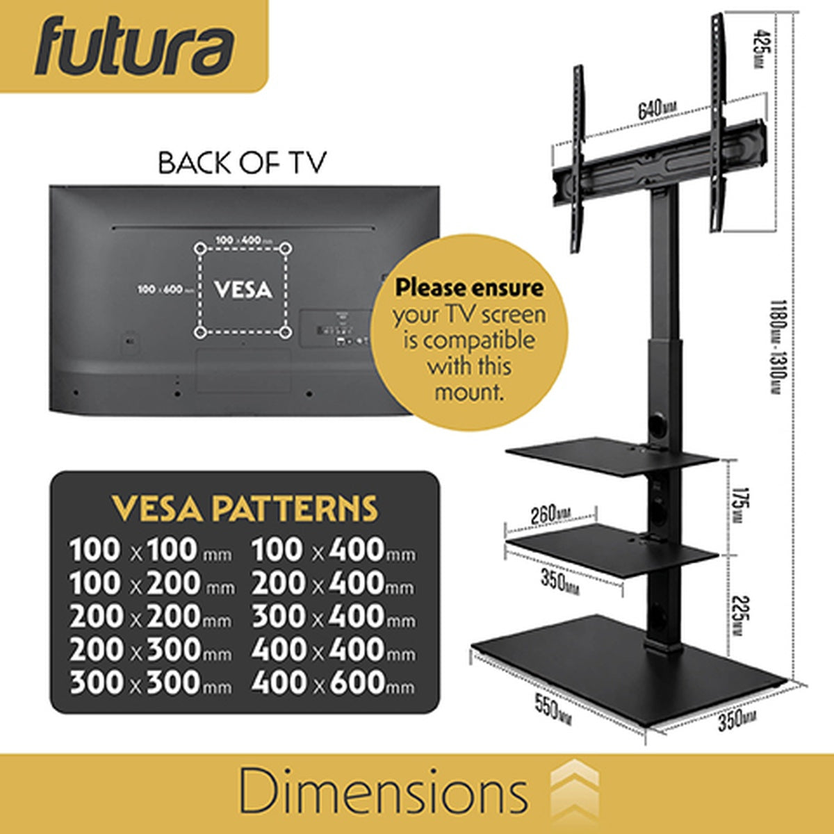 Futura Futura Tv Floor Stand 30 To 75 Inch Height Adjustable Swivel Mount With Two Shelves Supports 40kg