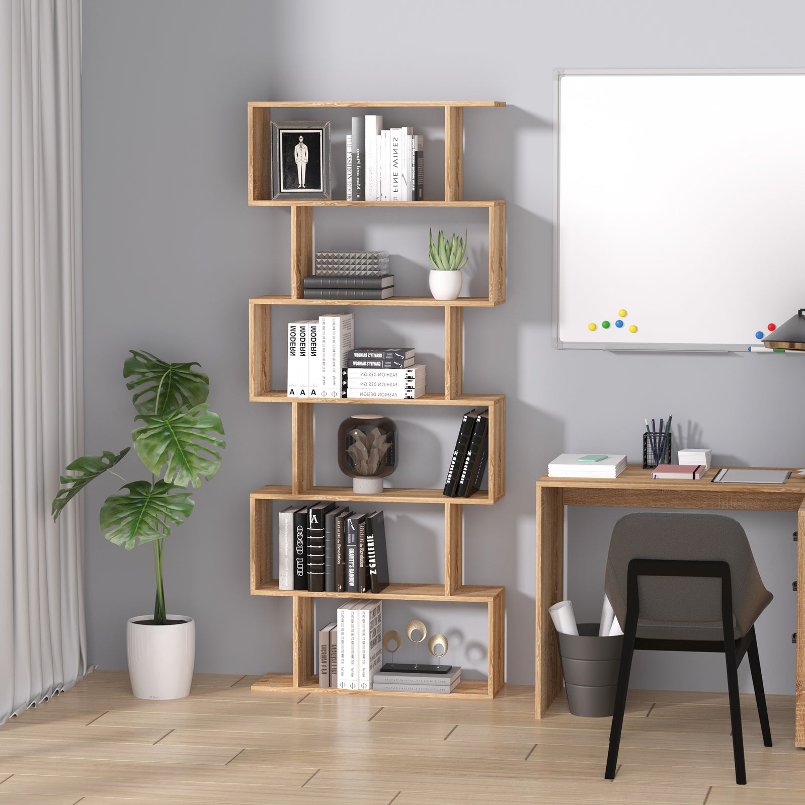 6-tier Wooden Modern S-shaped Shelf Storage Unit Home Office | One Size | Natura