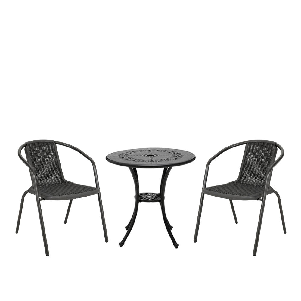 3 Pcs Bistro Set Cast Aluminium Round Patio Dining Table With Pe Rattan Stacking Chairs