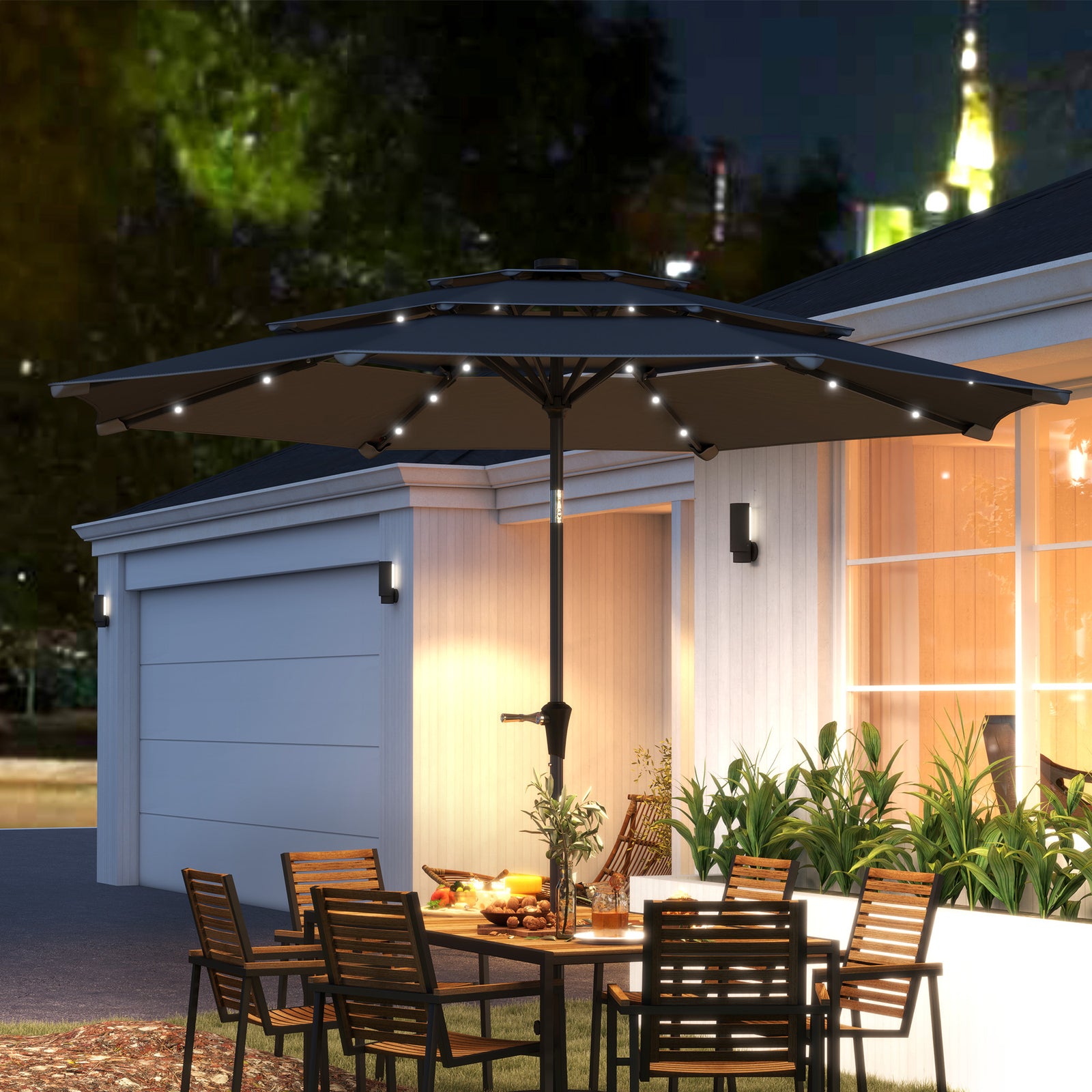 3-tier Garden Parasol W/ Solar Led Lights, Tilt, Crank | Dark Gray