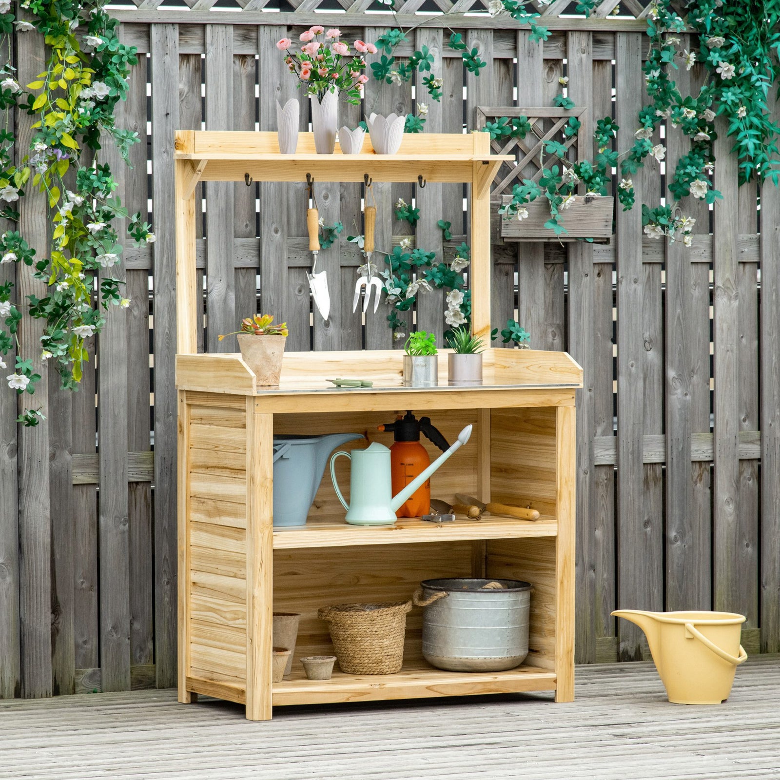 Potting Bench, Metal Tabletop Shelves, Green
