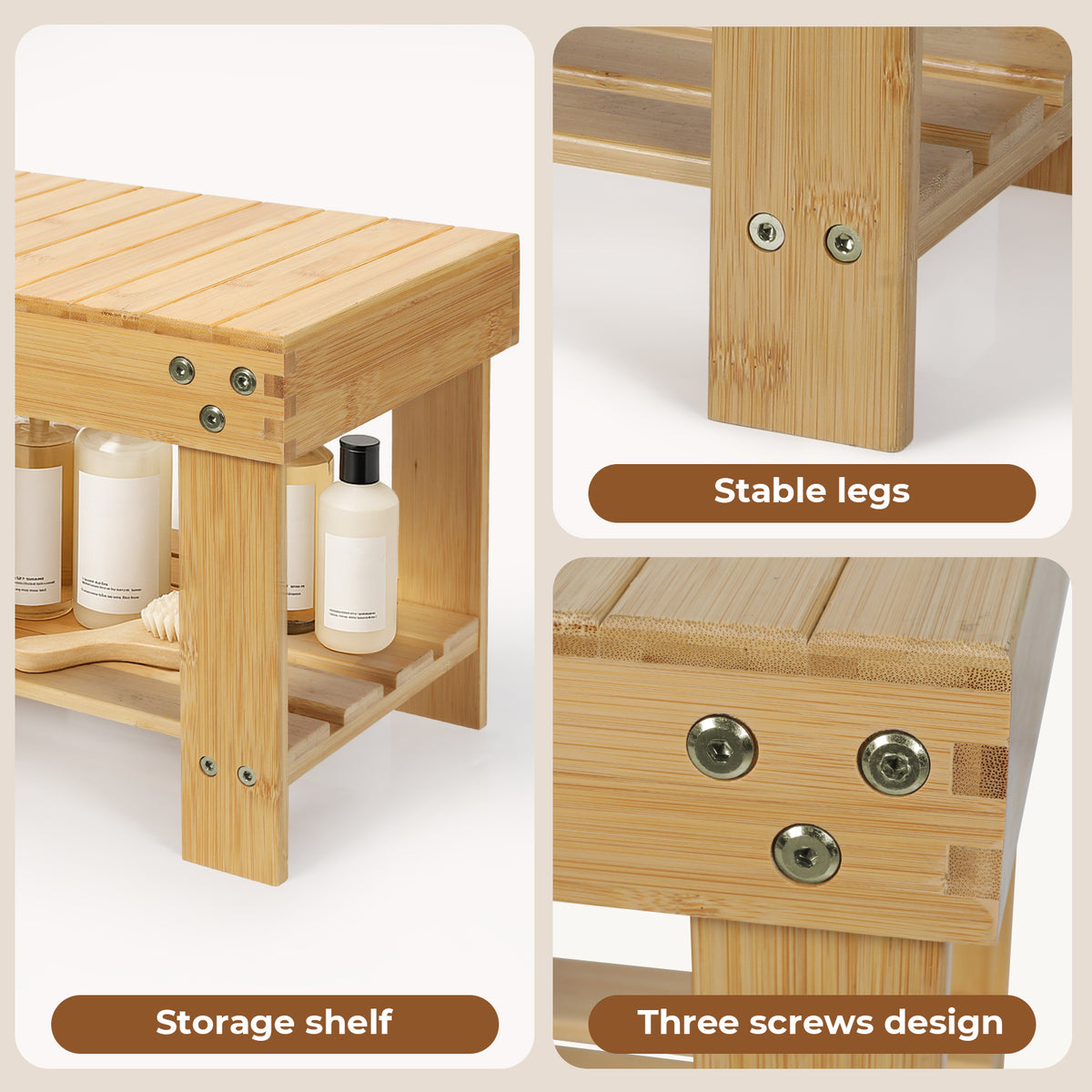 Bamboo Stool Footrest Bathroom 2-tier Shower Stool Bench Shoe Rack Seat | Natural