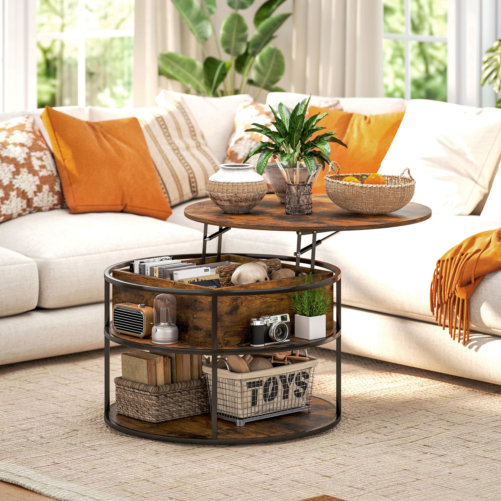 Lift Top Coffee Table, Round Coffee Table With Hidden Storage | Brown